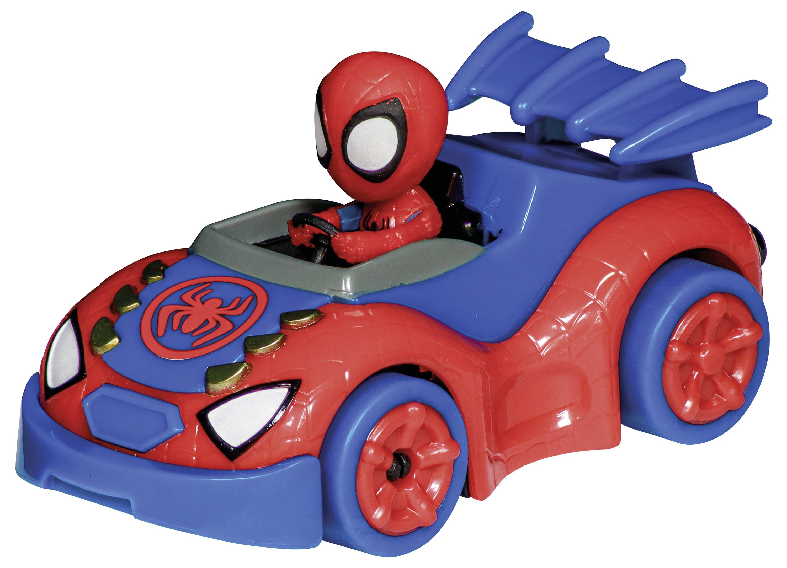 Une voiture miniature rouge avec des roues et un spoiler bleus, dans laquelle est assis un personnage portant un costume rouge et bleu.