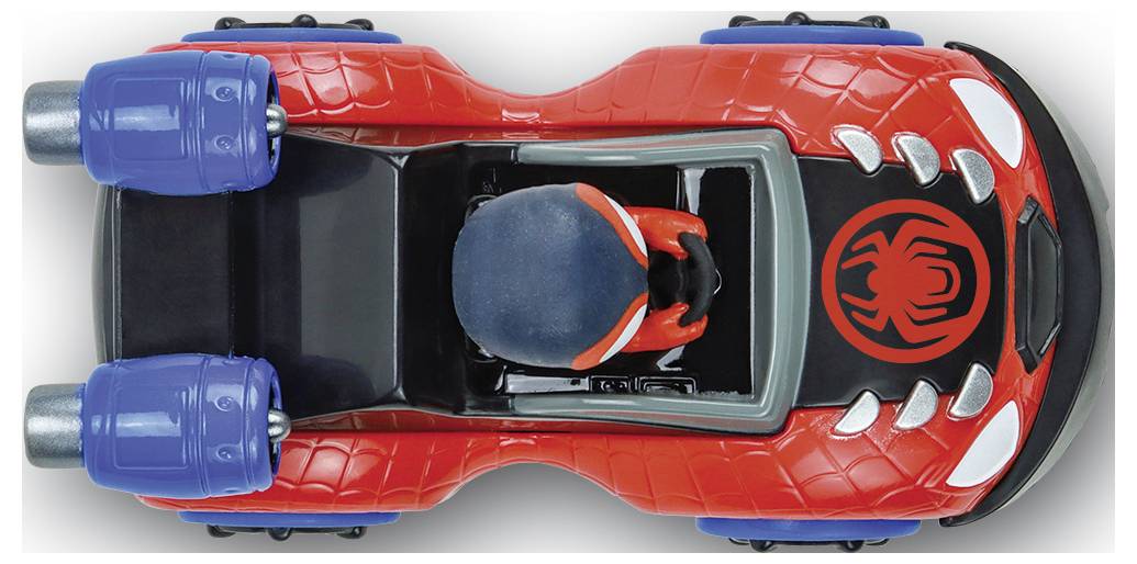 Une voiture miniature Spiderman vue de dessus, rouge avec des roues bleues et un logo d'araignée.