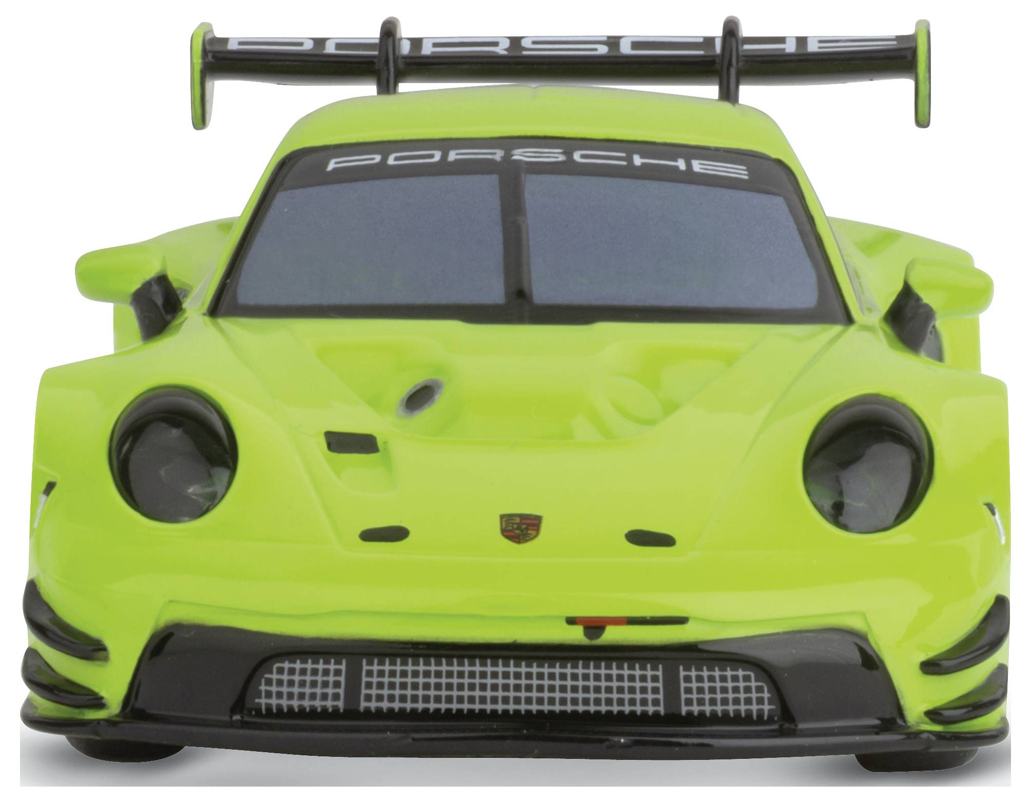 Voiture de sport verte avec un grand aileron arrière et le logo Porsche sur le capot et le pare-brise, vue de face.
