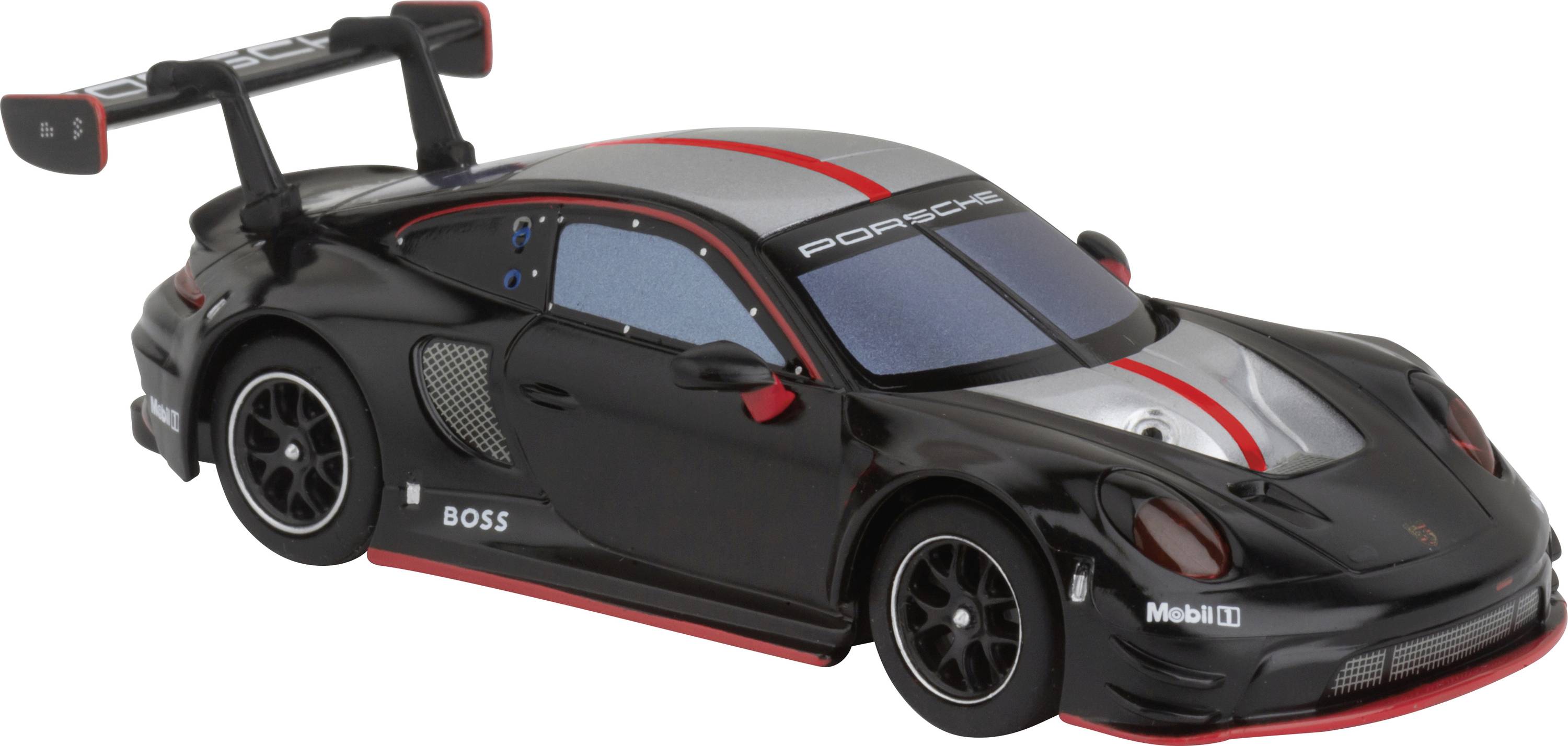 Voiture miniature noire avec des touches rouges et un grand aileron arrière, inspirée d'un design de voiture de course.