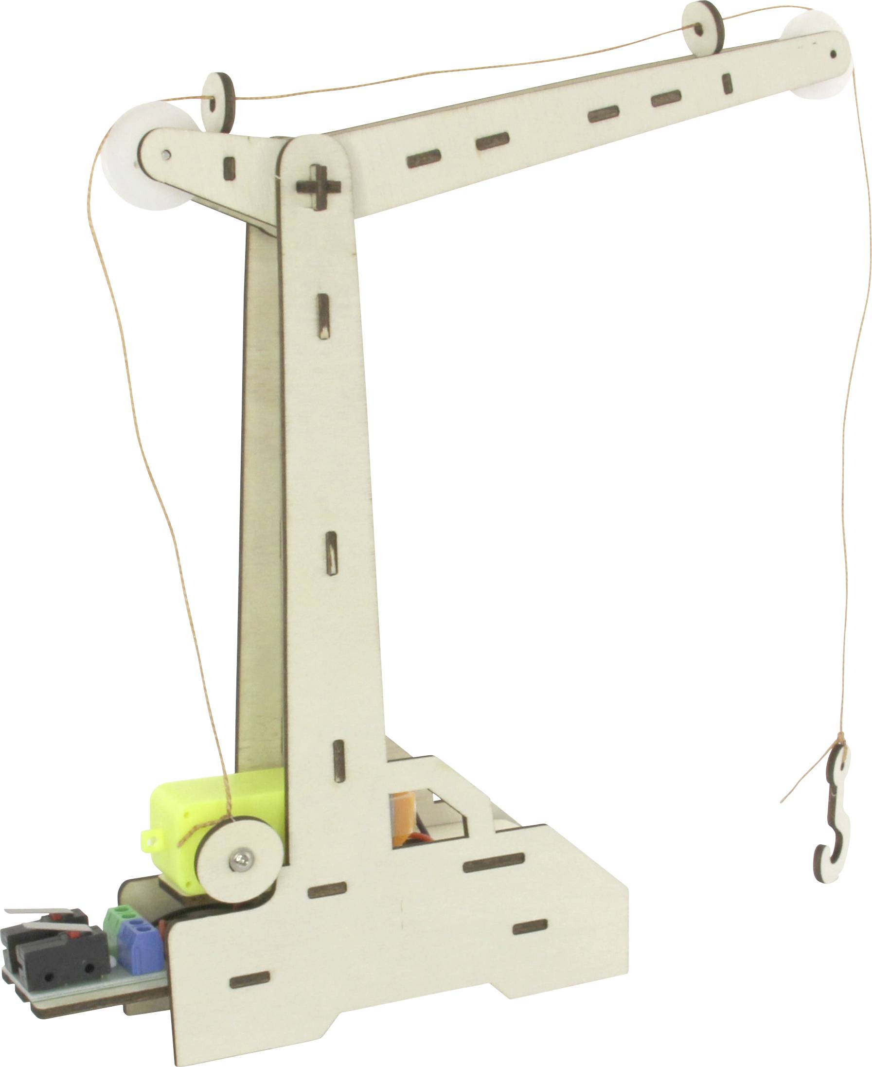 Un modèle simple de grue en contreplaqué, équipé d'un crochet et actionné par un petit moteur électrique, illustre les fonctions de base des grues.