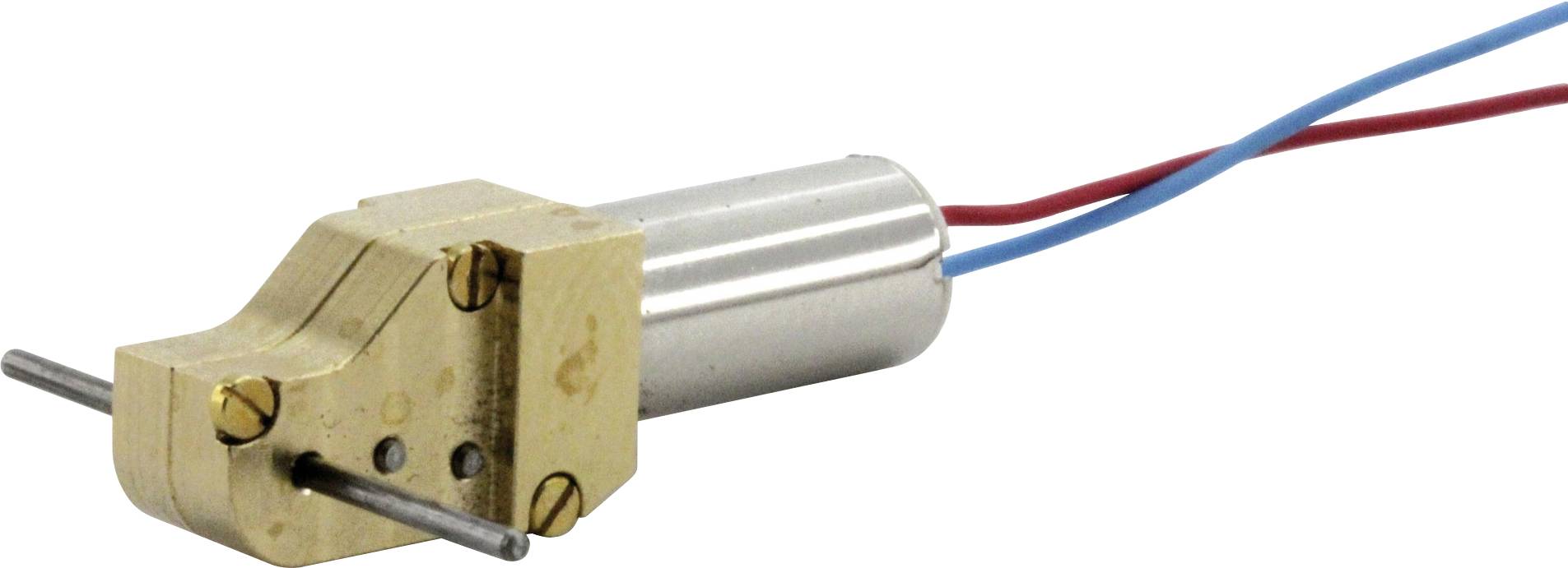 Un petit moteur électrique avec support doré et deux fils (rouge et bleu) pour la connexion électrique.