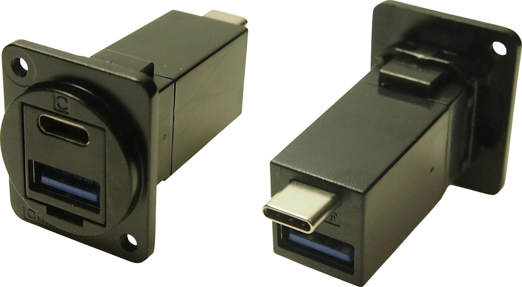 Deux adaptateurs noirs USB-C vers USB-A avec un boîtier rectangulaire, l'un avec une fixation ronde, représentant des composants technologiques.