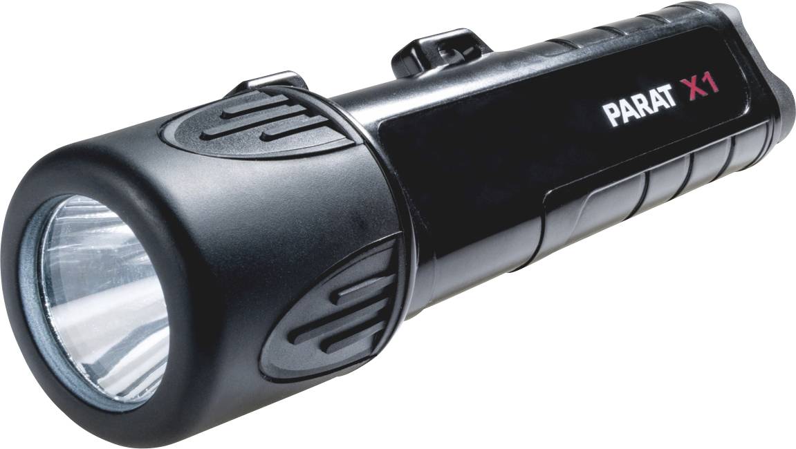 Lampe de poche noire avec inscription 'PARAT X1', montrant la vue frontale de la lentille et l'interrupteur marche/arrêt sur le côté.