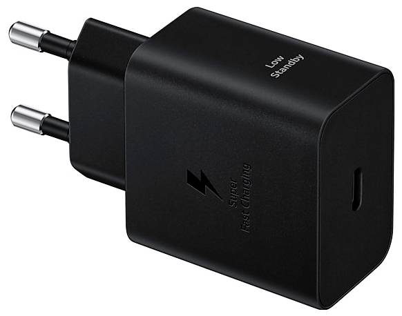 Un adaptateur secteur noir étiqueté « Charge Ultra Rapide » et « Veille Faible » avec deux broches métalliques rondes, conçu pour les prises électriques européennes.