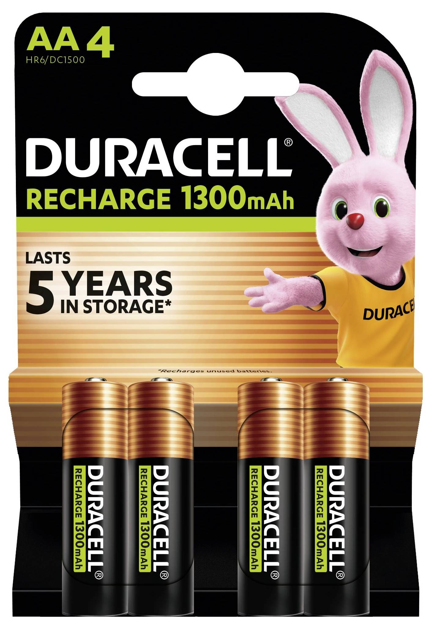 Piles Duracell AA paquet de 16 avec un lapin rose. Le texte met en évidence la puissance de nouvelle génération. Instructions et informations en plusieurs langues.