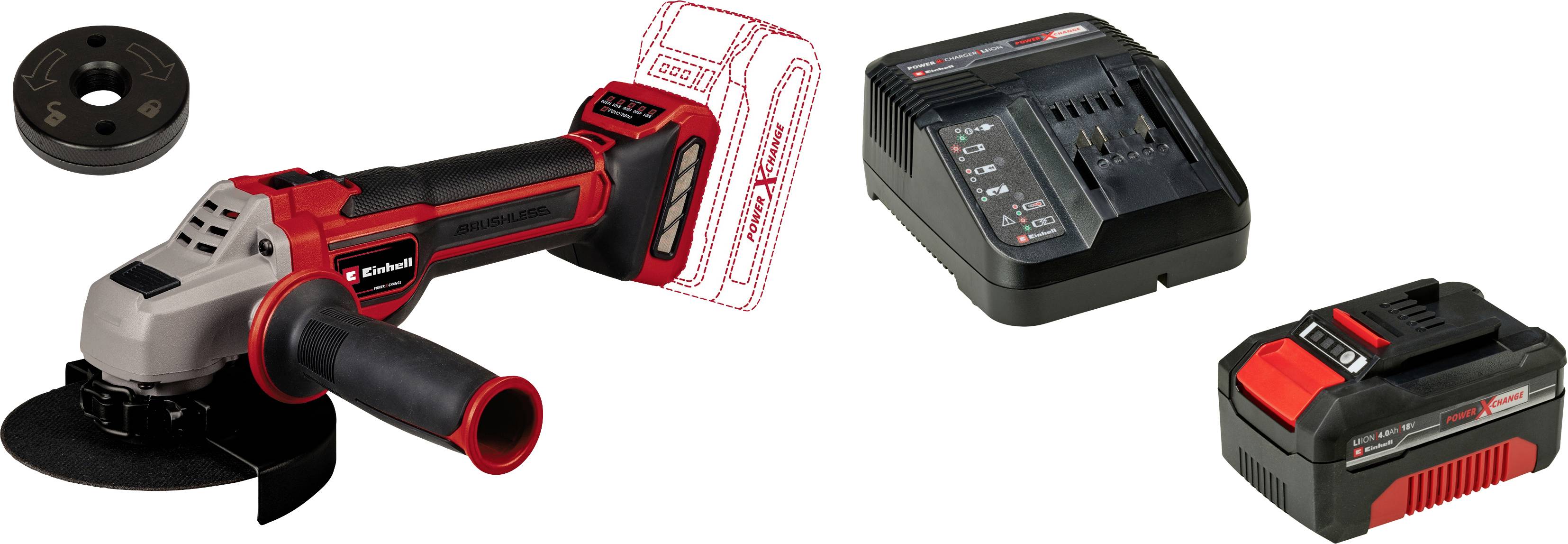 L'image montre une meuleuse d'angle rouge et noire avec son chargeur et sa batterie. Des accessoires comme un disque abrasif sont également représentés.