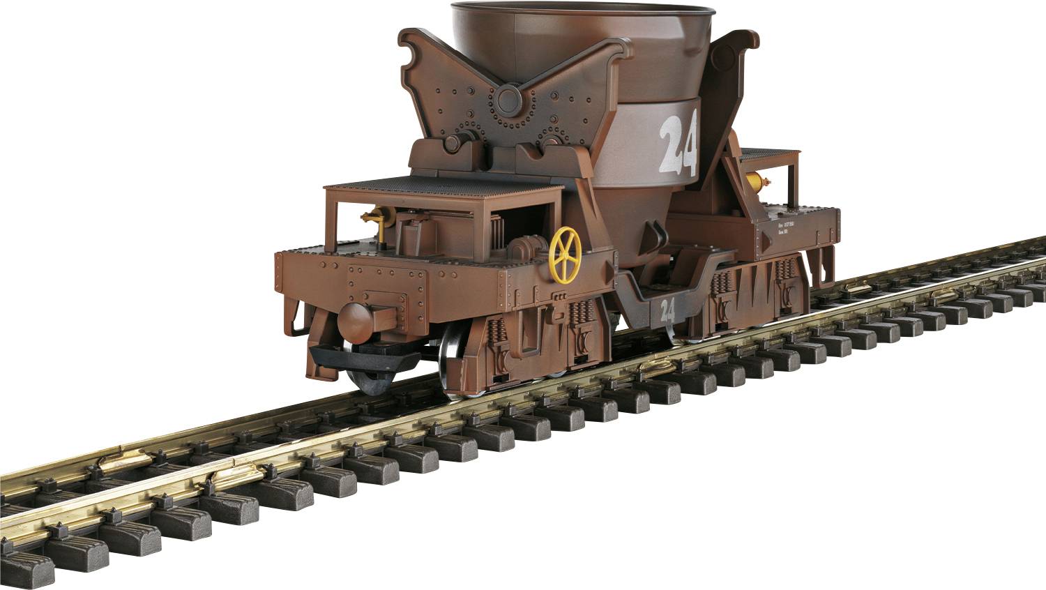 Un wagon brun sur rails, portant l'inscription '24' sur le côté, probablement destiné au transport de vrac ou de charbon.