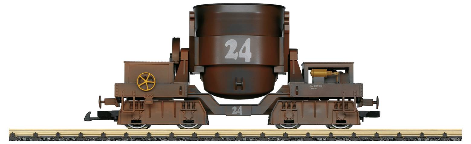 Vue latérale d'un wagon de marchandises brun avec le numéro 24 sur les côtés, stationné sur une voie ferrée. Principalement destiné à des usages industriels.