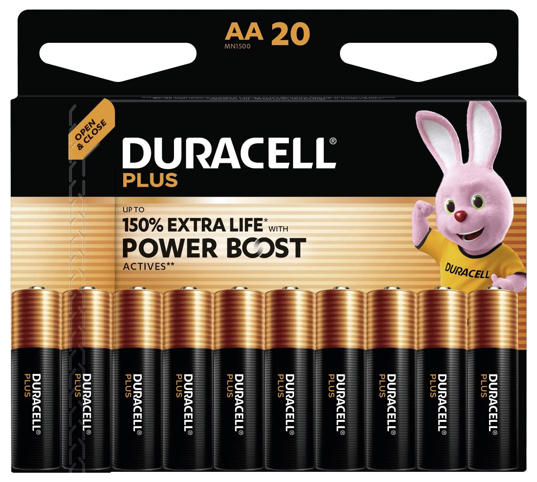 Lot de 10 piles Duracell Plus AA avec Power Boost, présentant une mascotte lapin rose. « Jusqu'à 150% de vie supplémentaire » affiché sur l'emballage.