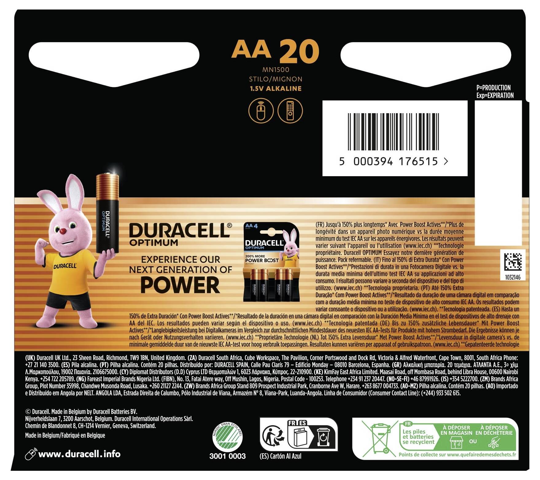 Étiquette 'Duracell Optimum AA 20-pack' montrant un lapin tenant une batterie, texte 'Découvrez notre prochaine génération d'énergie', avec des informations détaillées sur le produit.