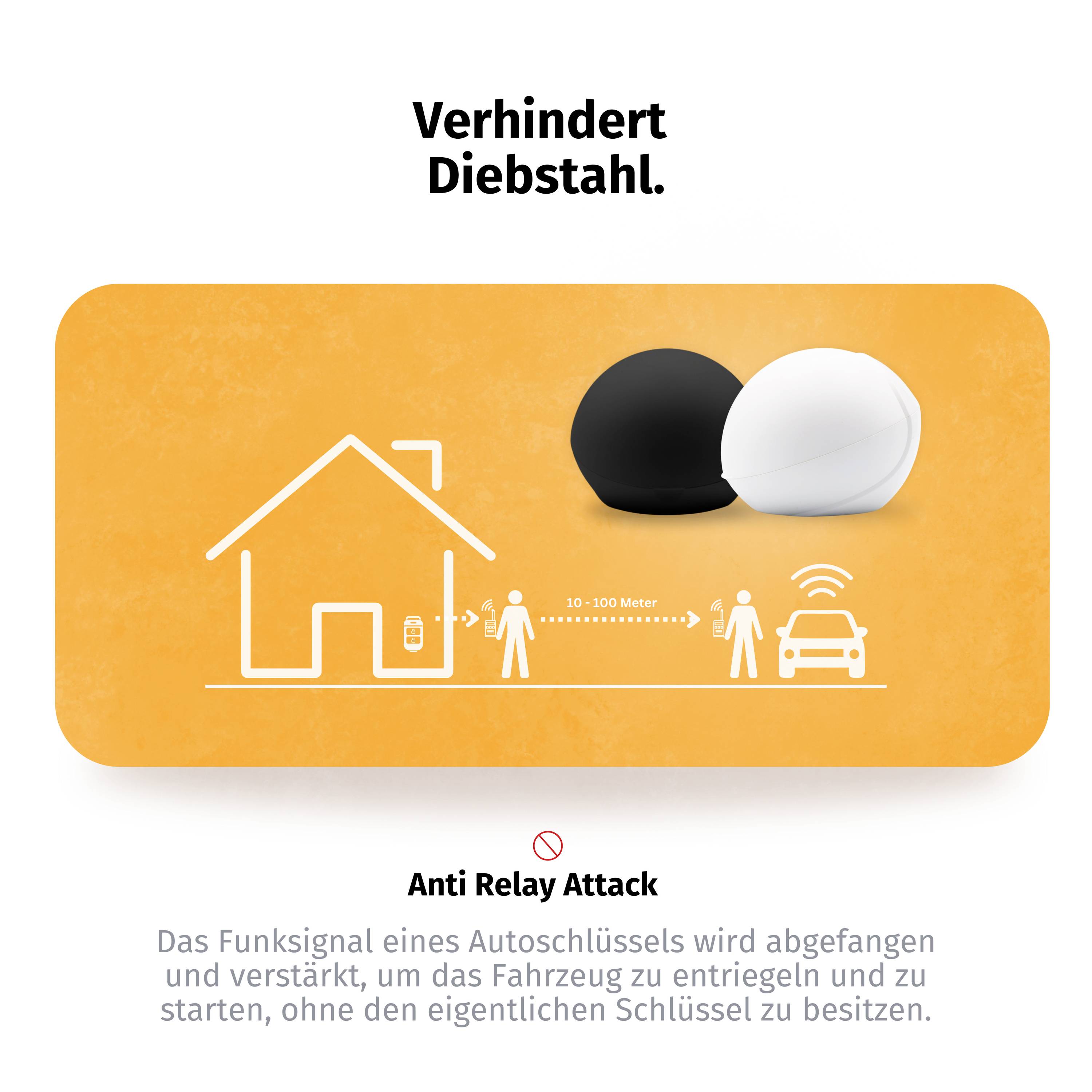 'Empêche le vol.' Graphique représentant une maison, deux personnes et une voiture. Souligne la protection des clés de voiture sans fil contre le vol par 'Anti Relay Attack'.