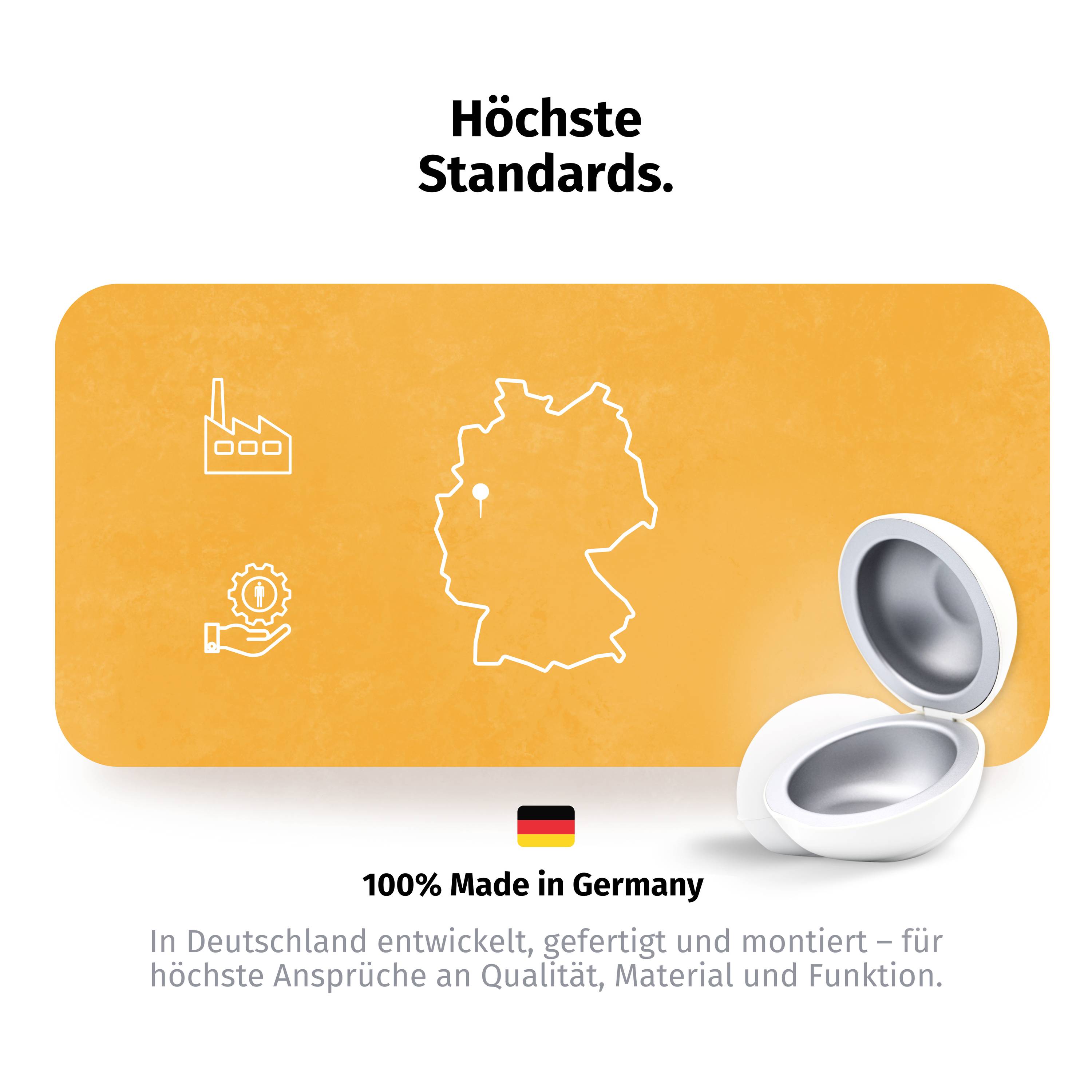 Contour de la carte de l'Allemagne avec des symboles d'usine et d'engrenage. Texte : « Standards les plus élevés. 100% Fabriqué en Allemagne. »