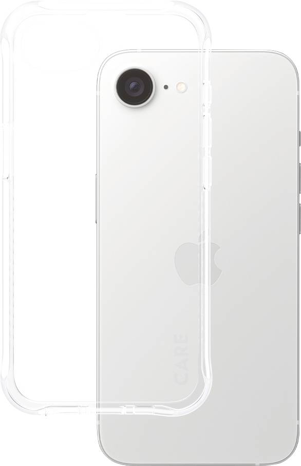 Illustration d'un smartphone blanc, vu de dos, placé sur un boîtier transparent. Montre la caméra et le logo de l'entreprise.