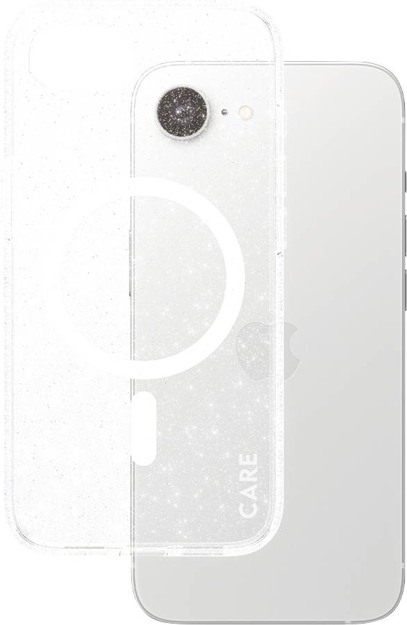 Smartphone argenté et étui transparent avec motif circulaire.