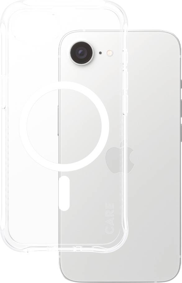 Un smartphone blanc avec une coque de protection transparente comportant une découpe circulaire. Le logo de la marque est visible au dos de l'appareil.