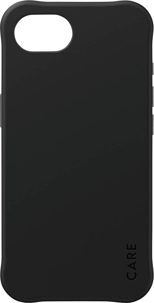 Coque de smartphone noir avec l'inscription 'CARE' dans le coin inférieur droit.