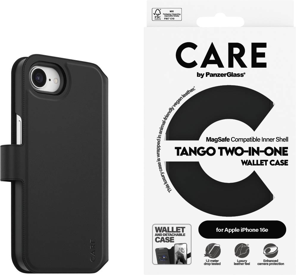 Coque de téléphone noire avec porte-cartes pour iPhone 16e, compatible avec MagSafe. L'emballage présente les détails du produit et le logo de la marque.