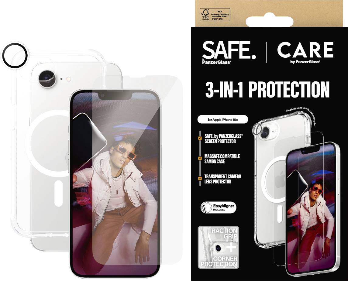 'Ensemble de protection 3-en-1 pour iPhone 14 avec SAFE. | CARE de PanzerGlass, comprenant un film de protection, une coque MagSafe et un protecteur d'objectif de caméra.'