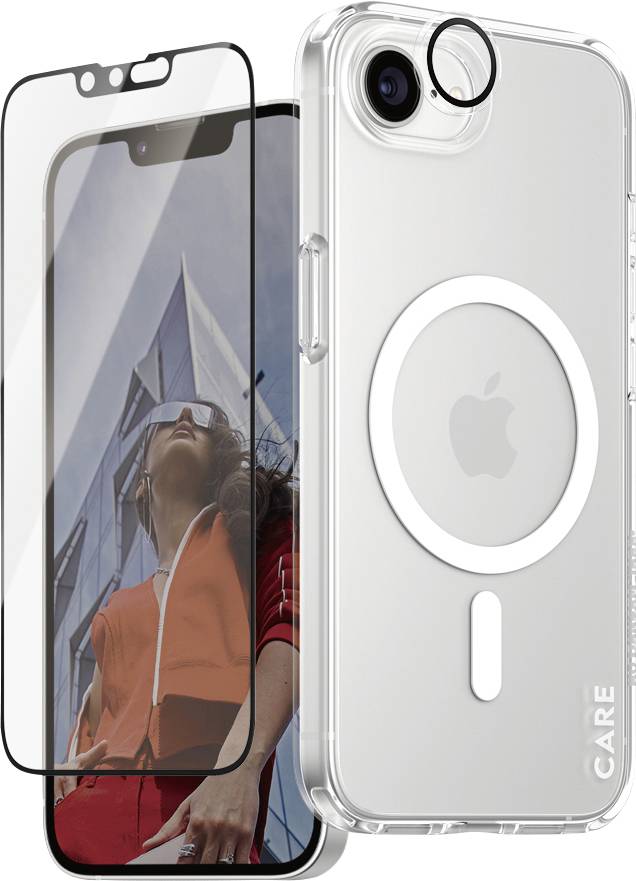 Étui transparent pour smartphone et film de protection. En arrière-plan, une personne portant des lunettes de soleil et une veste orange.