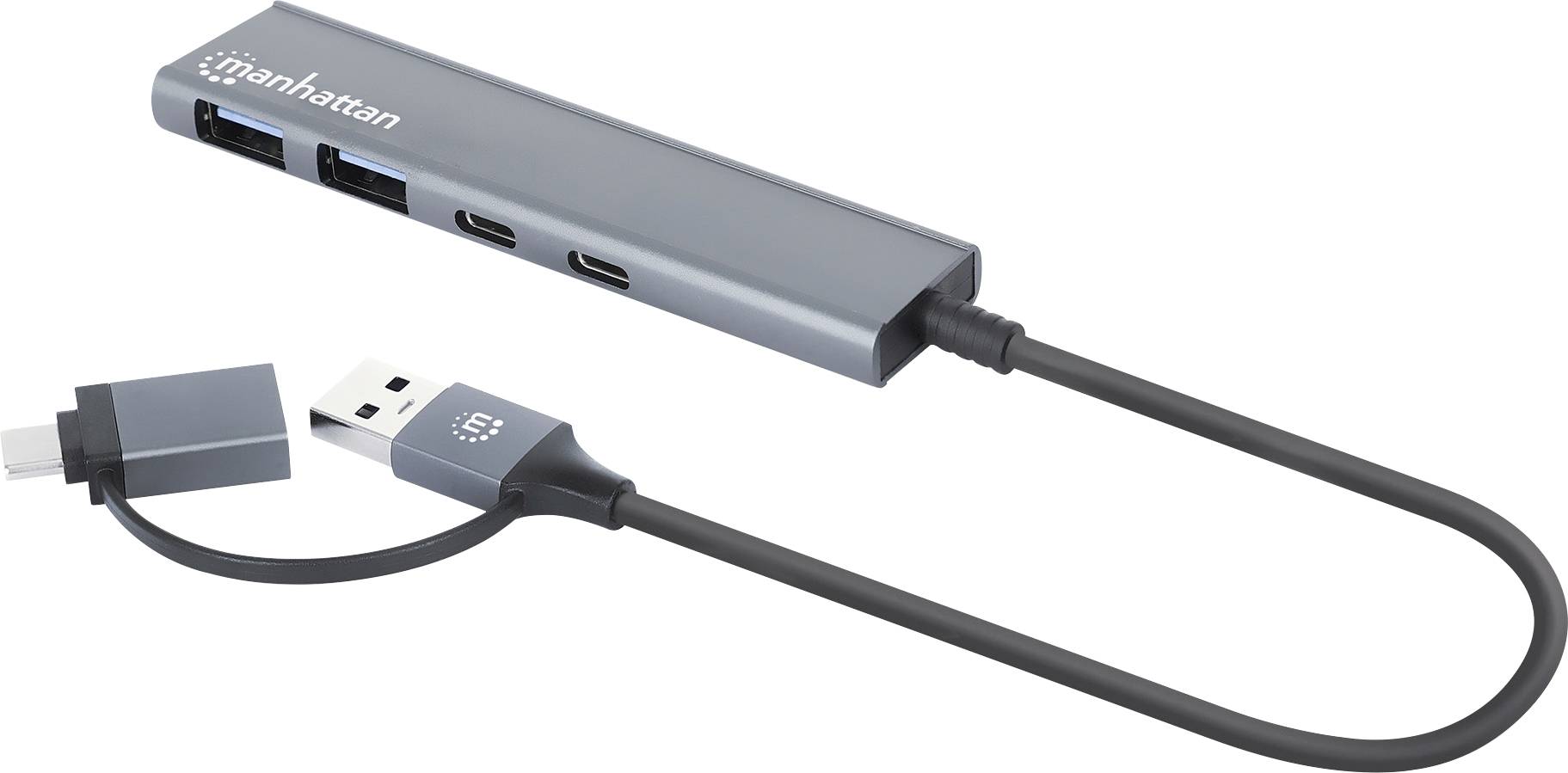 Un hub USB de 'Manhattan' avec plusieurs ports, dont USB et HDMI, connecté par un câble USB avec une fiche USB.