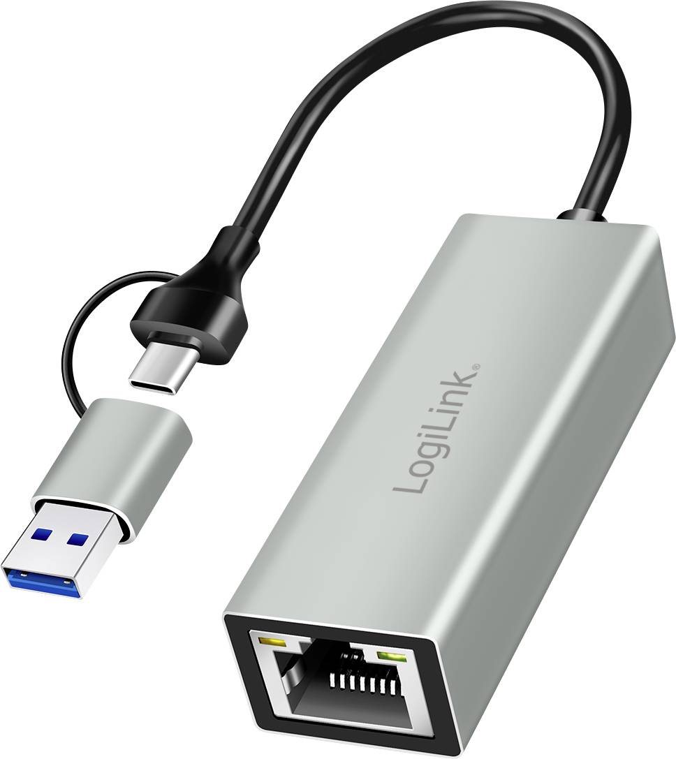 Un adaptateur argenté de USB-C à Ethernet qui permet la connexion à des réseaux sans port Ethernet intégré.