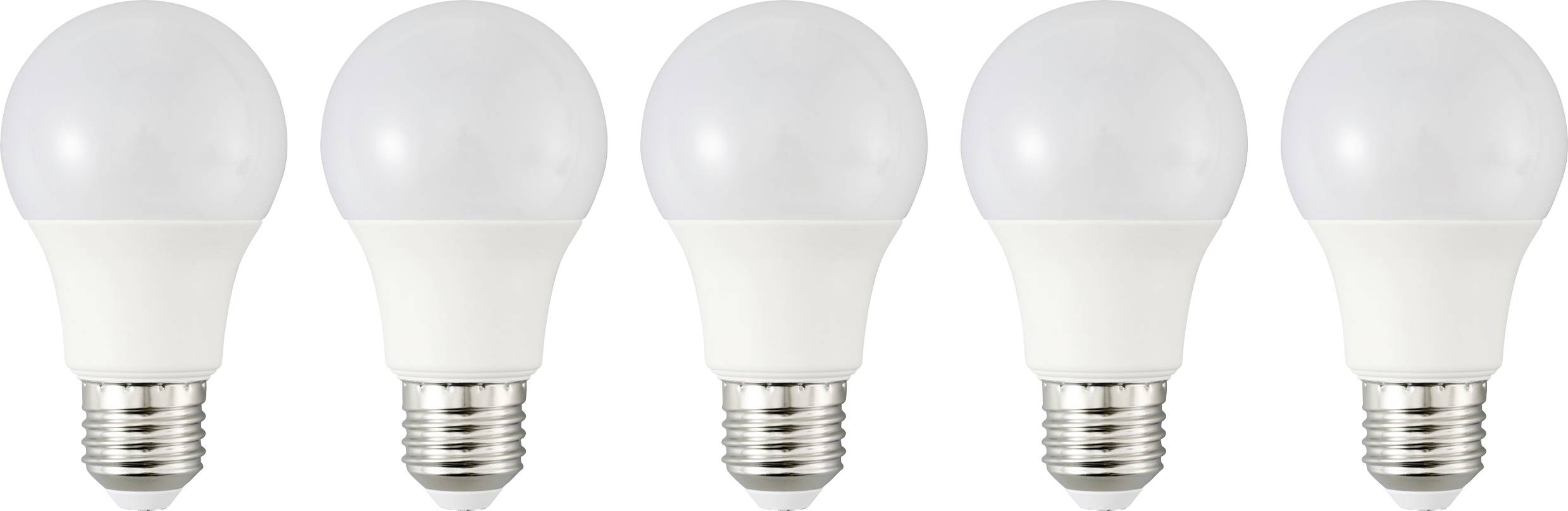 Cinq ampoules LED identiques alignées, chacune avec un globe blanc et une base à vis argentée, démontrant l'efficacité énergétique.