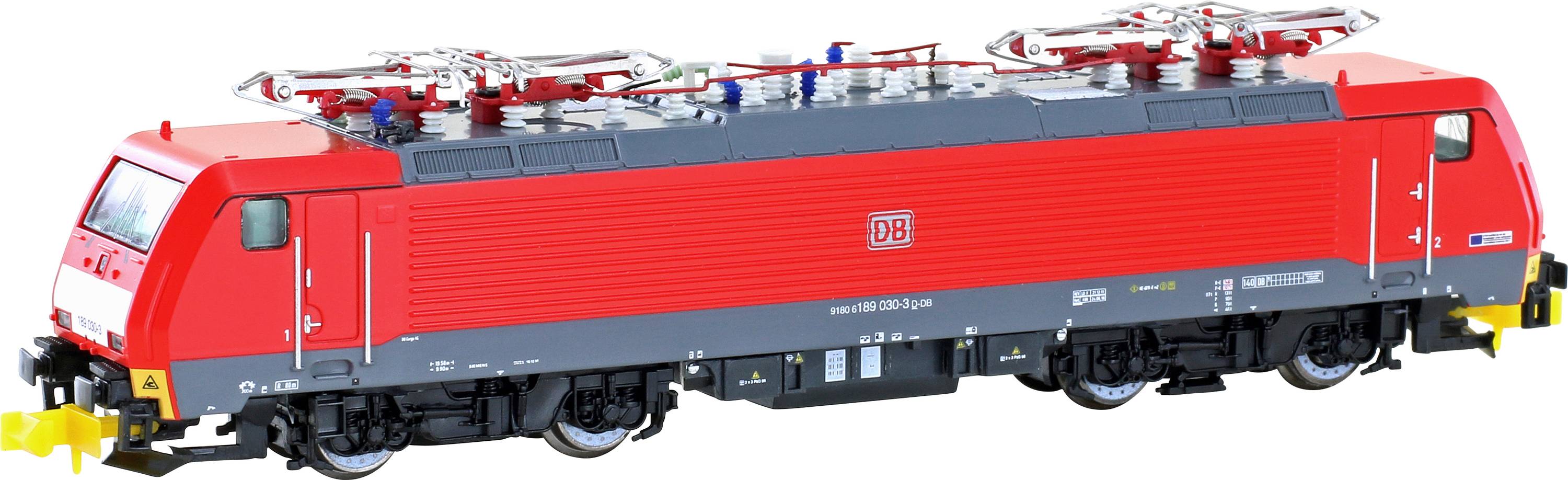 Un modèle rouge d'une locomotive électrique avec l'inscription 'DB'. Des détails comme les bogies, les pantographes et les marquages sont visibles.