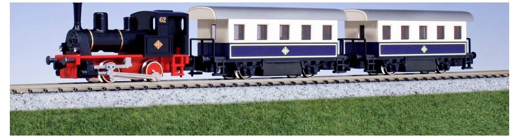 Un train miniature avec une locomotive noire et deux wagons bleus roule sur un rail surélevé au-dessus de l'herbe verte.