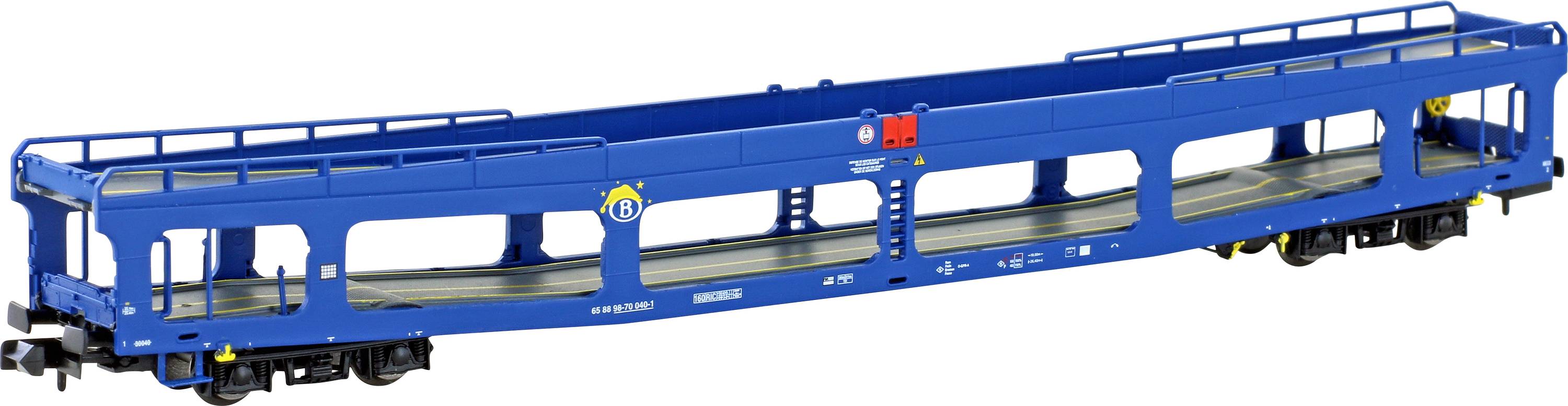 Wagon de marchandises ferroviaire peint en bleu pour le transport de véhicules, sans véhicules visibles dessus.