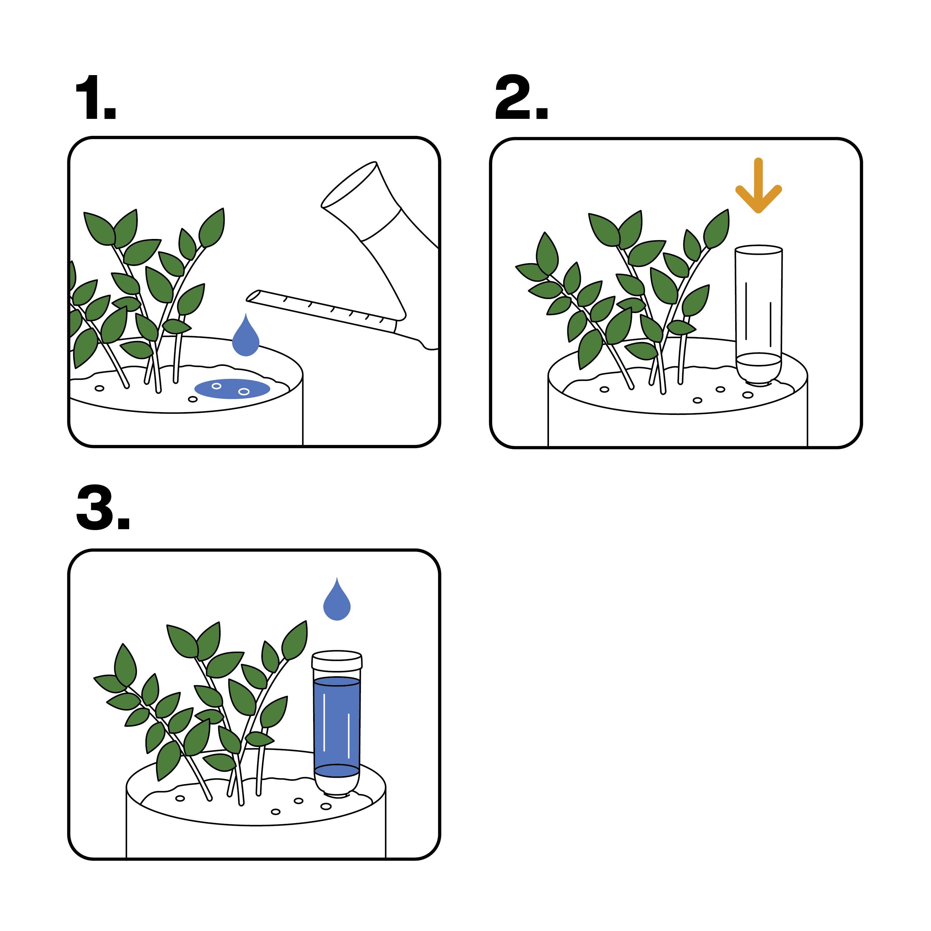 Trois étapes pour l'arrosage des plantes : 1. Verser de l'eau dans la terre. 2. La flèche indique d'insérer la bouteille à l'envers. 3. L'eau goutte de la bouteille.
