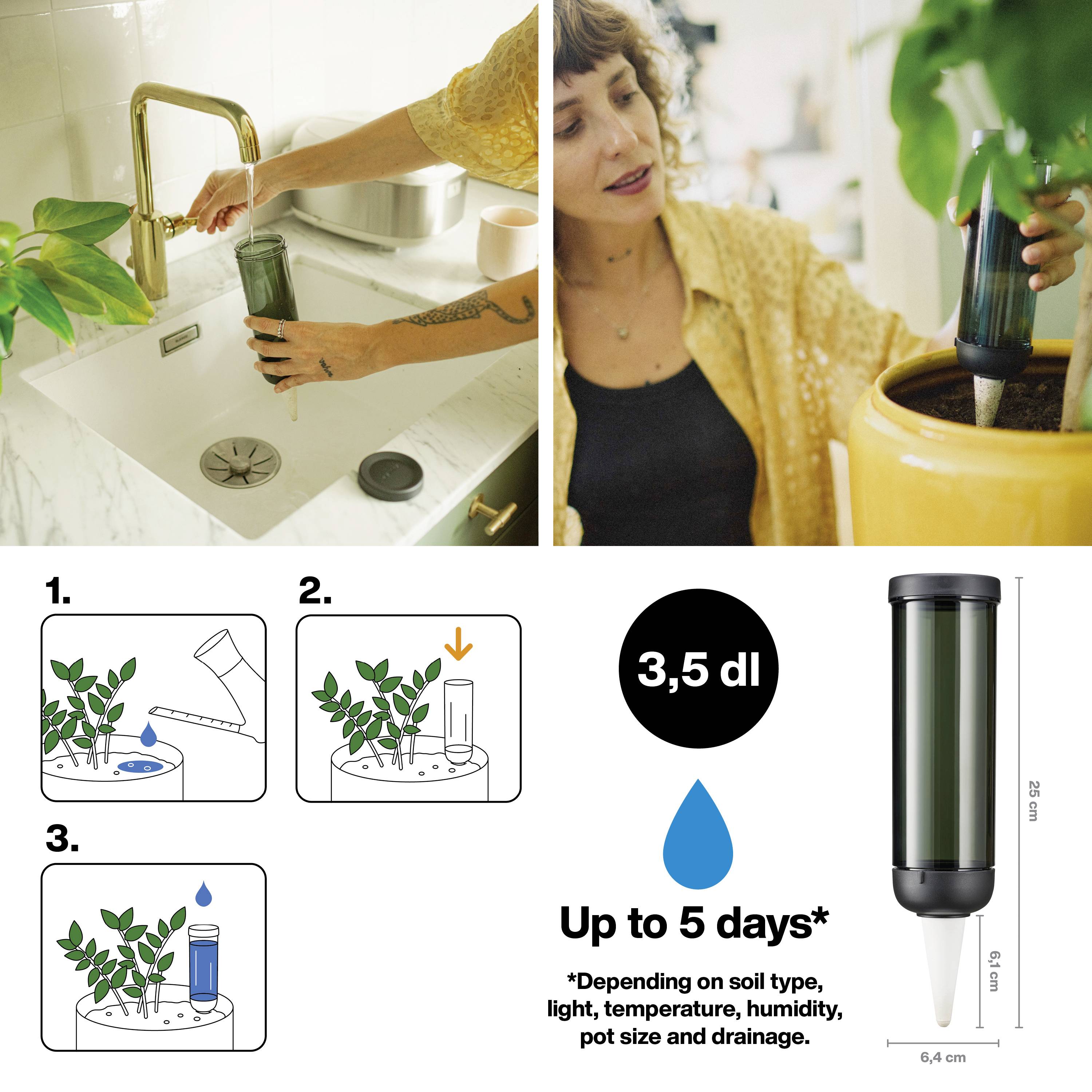 Voici la traduction en français :« Irrigation automatique pour plantes », montre trois étapes : remplir l'appareil d'eau, le planter dans la terre. Approvisionne les plantes jusqu'à cinq jours.