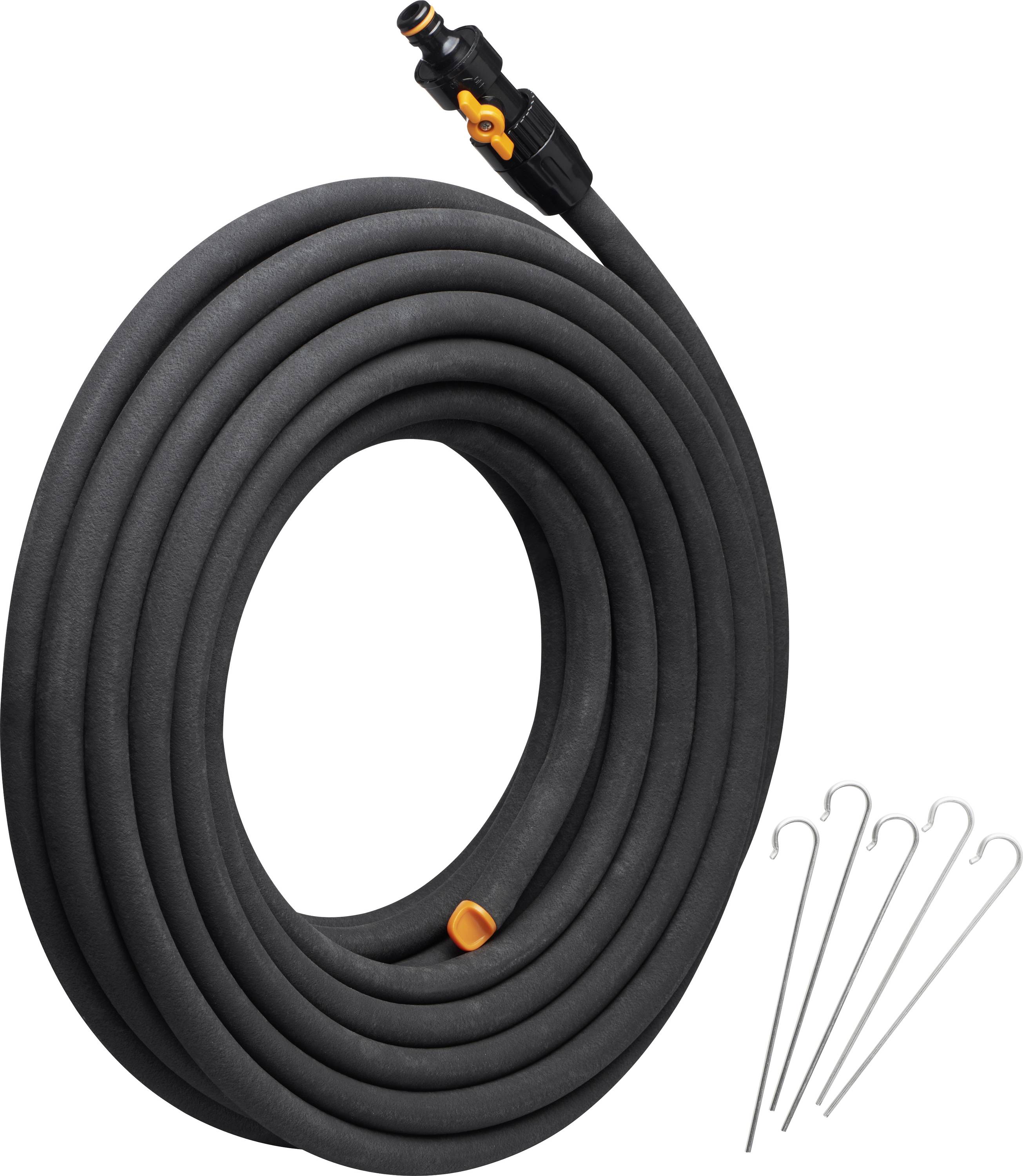 Tuyau d'arrosage de jardin noir spiralé avec raccord et quatre crochets métalliques. Idéal pour l'irrigation du jardin.