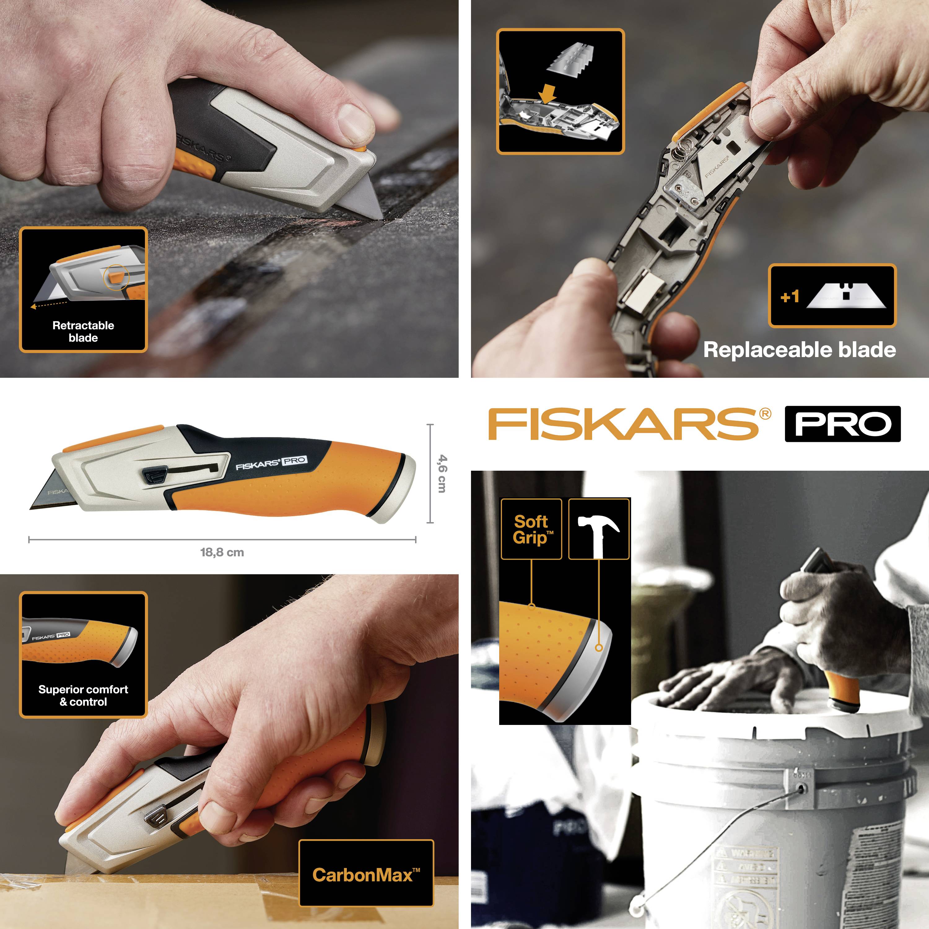 Un couteau avec une lame rétractable et interchangeable est présenté. Points forts : contrôle, meilleure prise en main, technologie CarbonMax.