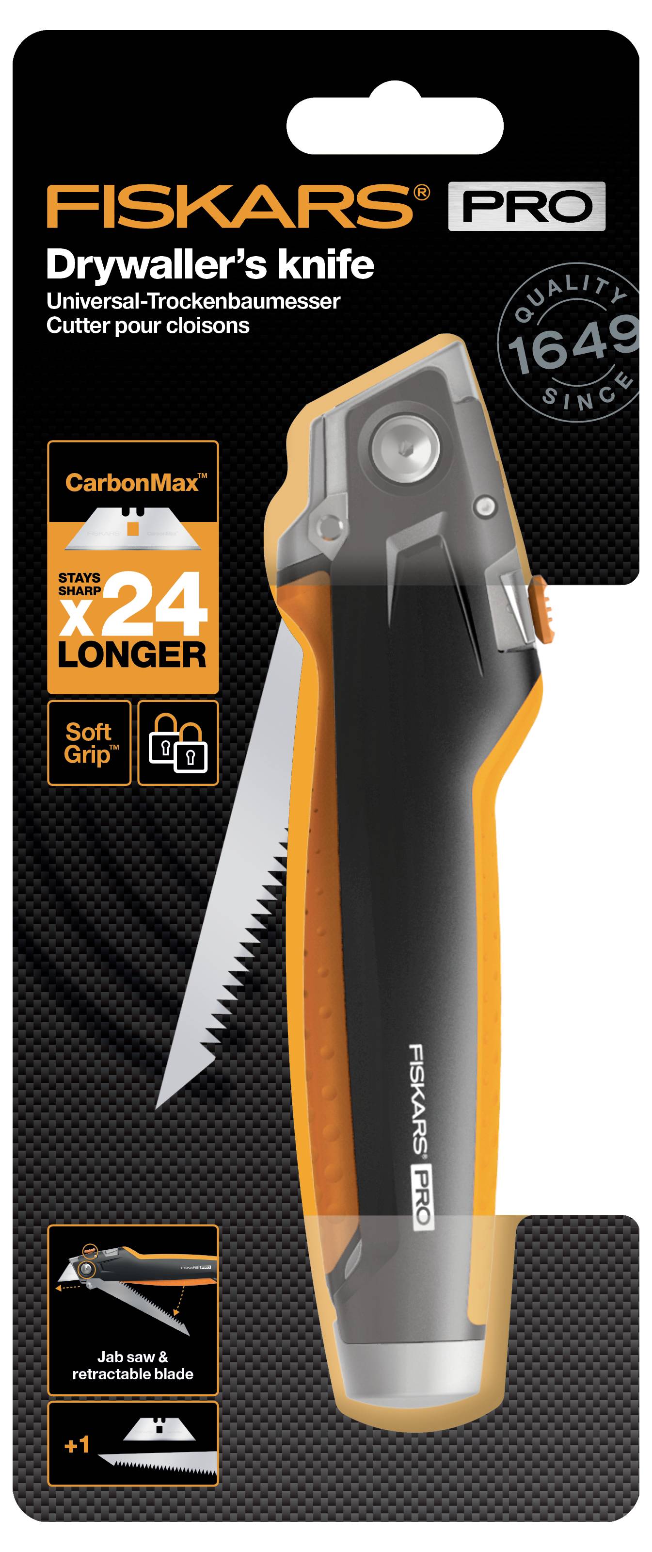 Voici un 'Couteau pour plaquiste FISKARS PRO' dans un emballage noir. Durée de vie de la lame 24 fois plus longue, manche souple.