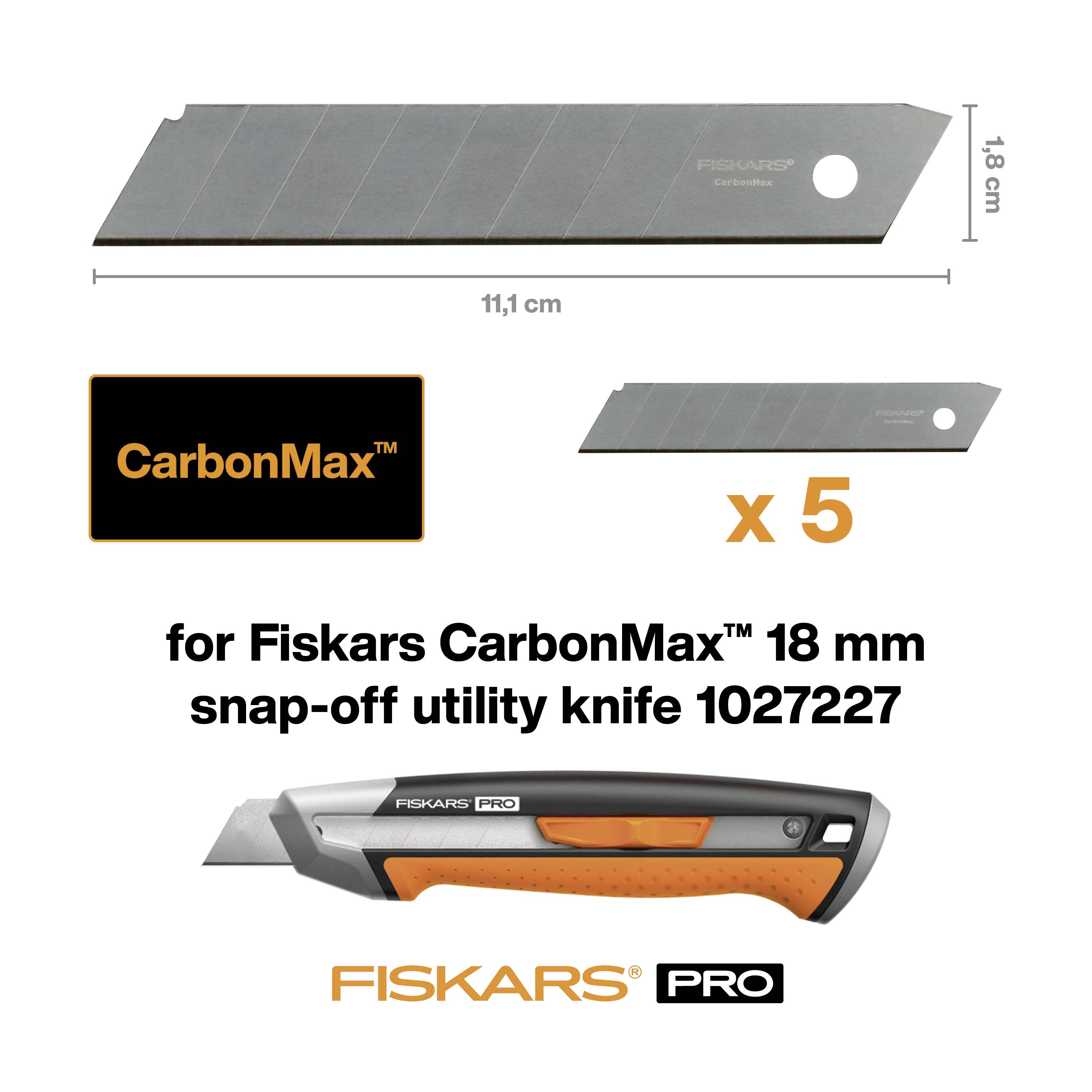Lames de rechange pour cutter Fiskars CarbonMax 18 mm, lot de cinq, longueur 11,1 cm. Compatibles avec le modèle 1027227.