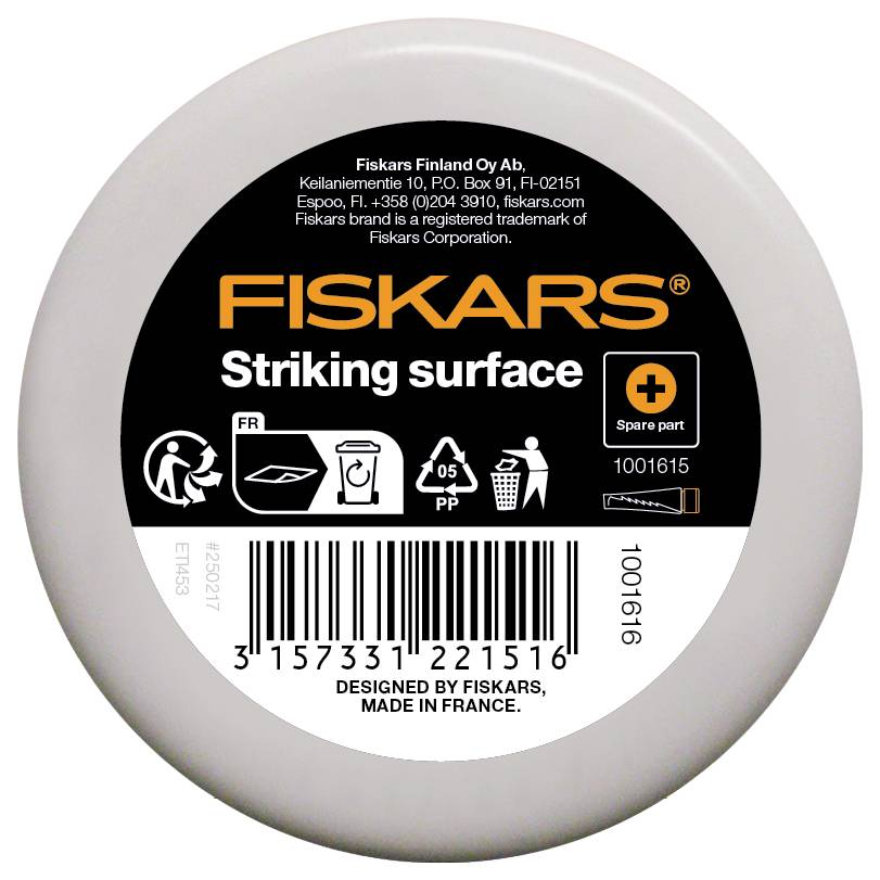 'FISKARS Surface de frappe', Pièce de rechange, Numéro de produit 1001615. Couvercle rond blanc avec nom de marque et instructions. Fabriqué en France.