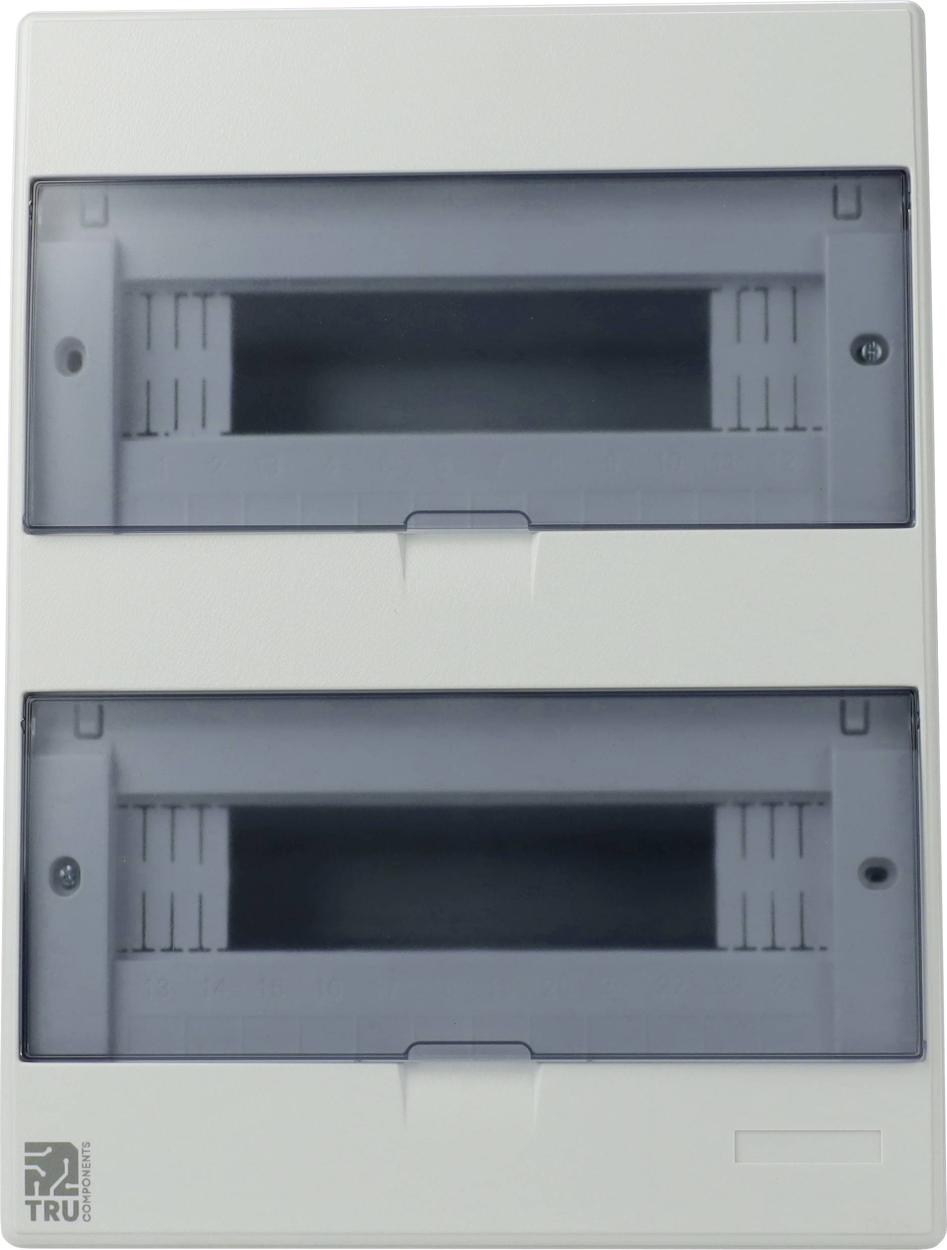 Vue de face d'un tableau de distribution électrique à deux rangées avec couvercles transparents. Chaque rangée dispose d'un espace pour installer des disjoncteurs ; aucun disjoncteur n'est présent.