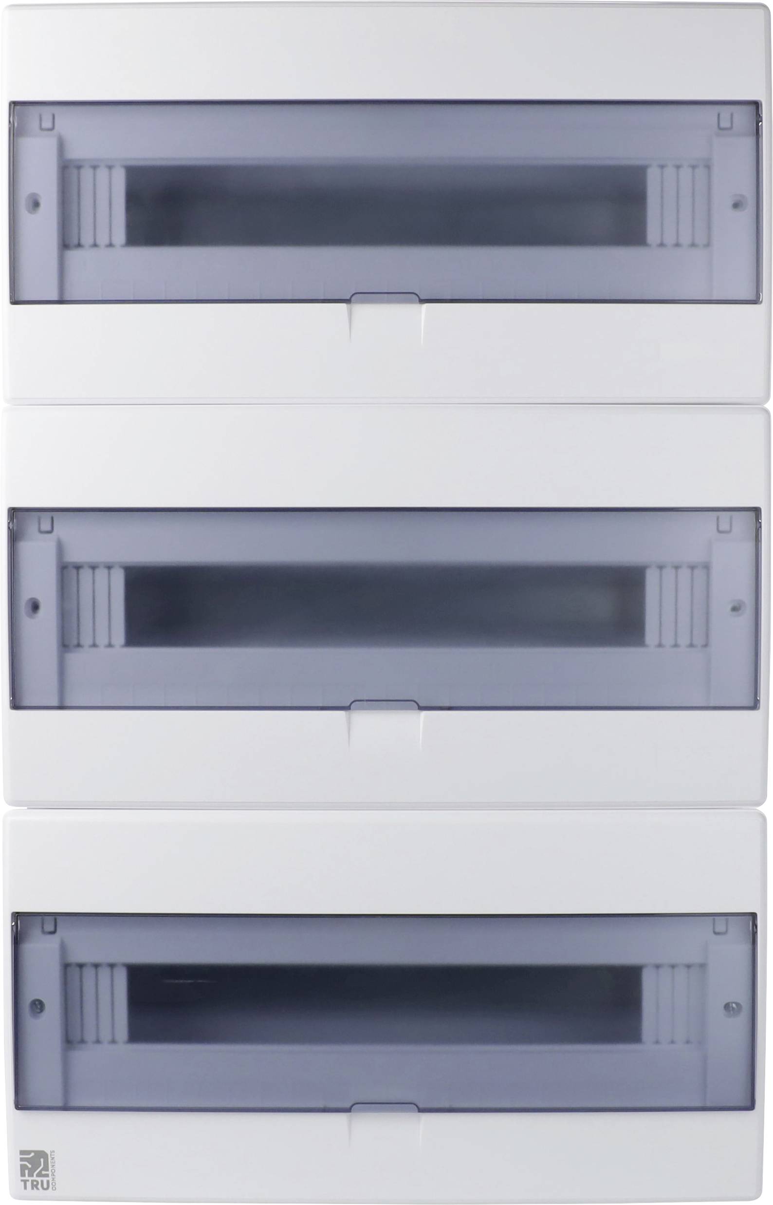 Un panneau électrique blanc avec trois rangées de couvercles transparents, généralement utilisé pour loger les disjoncteurs dans un bâtiment.