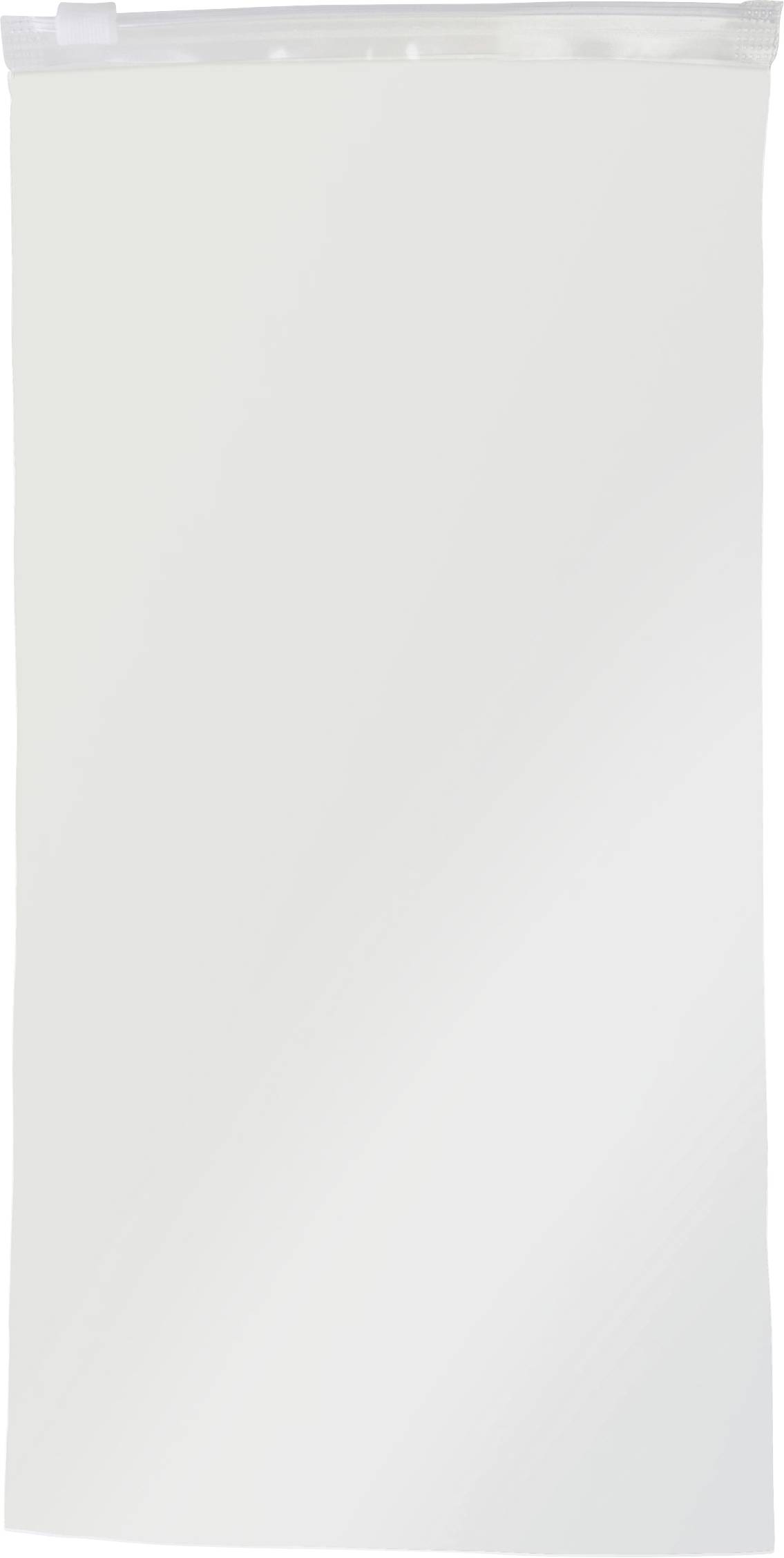 Un sac en plastique transparent, refermable, avec une fermeture à glissière blanche en haut, couramment utilisé pour le rangement ou l'emballage de petits objets.