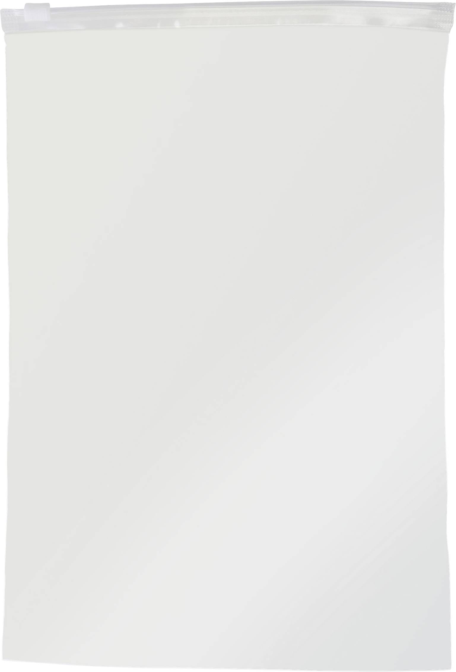 Un sac en plastique transparent refermable avec une fermeture à glissière blanche, généralement utilisé pour le rangement ou l'organisation.