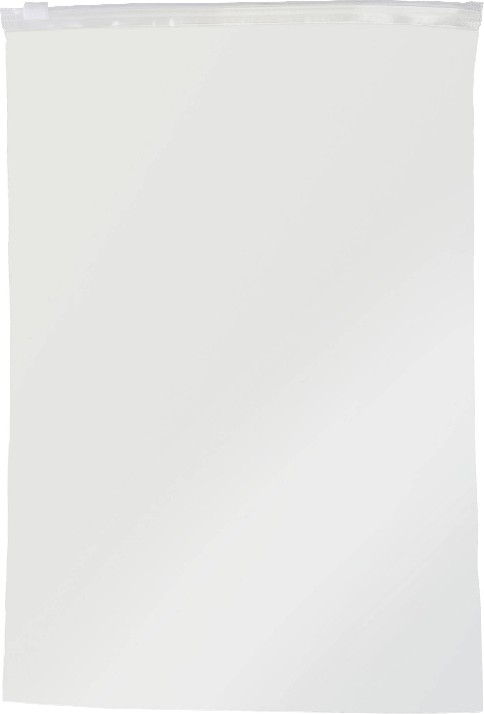 Un sac de rangement réutilisable blanc est placé verticalement contre un arrière-plan uni, mettant en valeur son matériau transparent et sa bande de fermeture à glissière en haut.