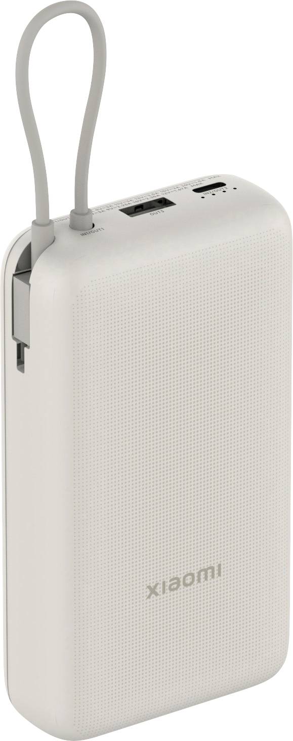 Batterie externe portable blanche avec une lanière de transport, ports USB et un indicateur LED sur le dessus.