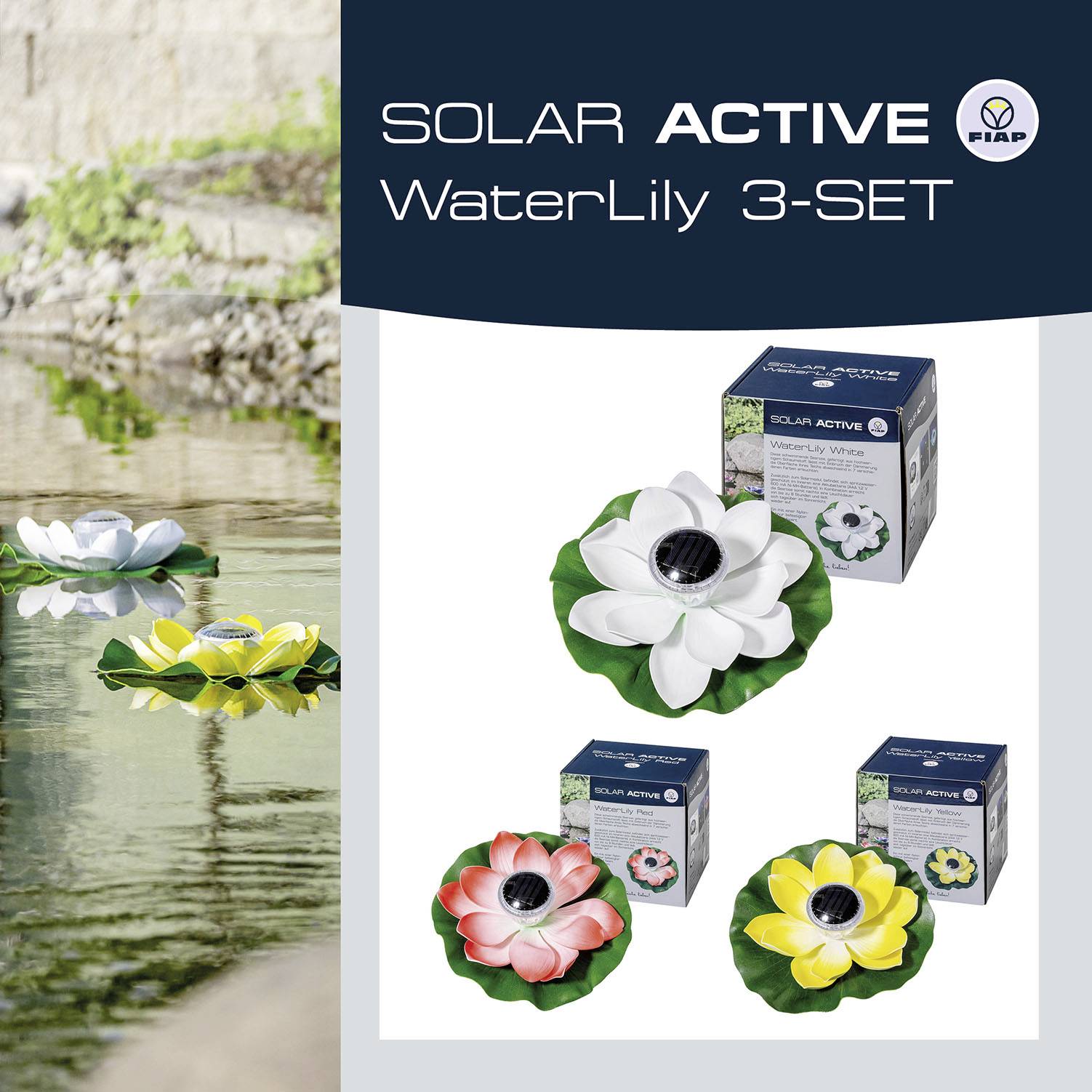 FIAP 3206-5 SOLAR ACTIVE WaterLily 3er SET Lampe décorative solaire jeu de 3 LED LED intégrée blanc, jaune, rouge