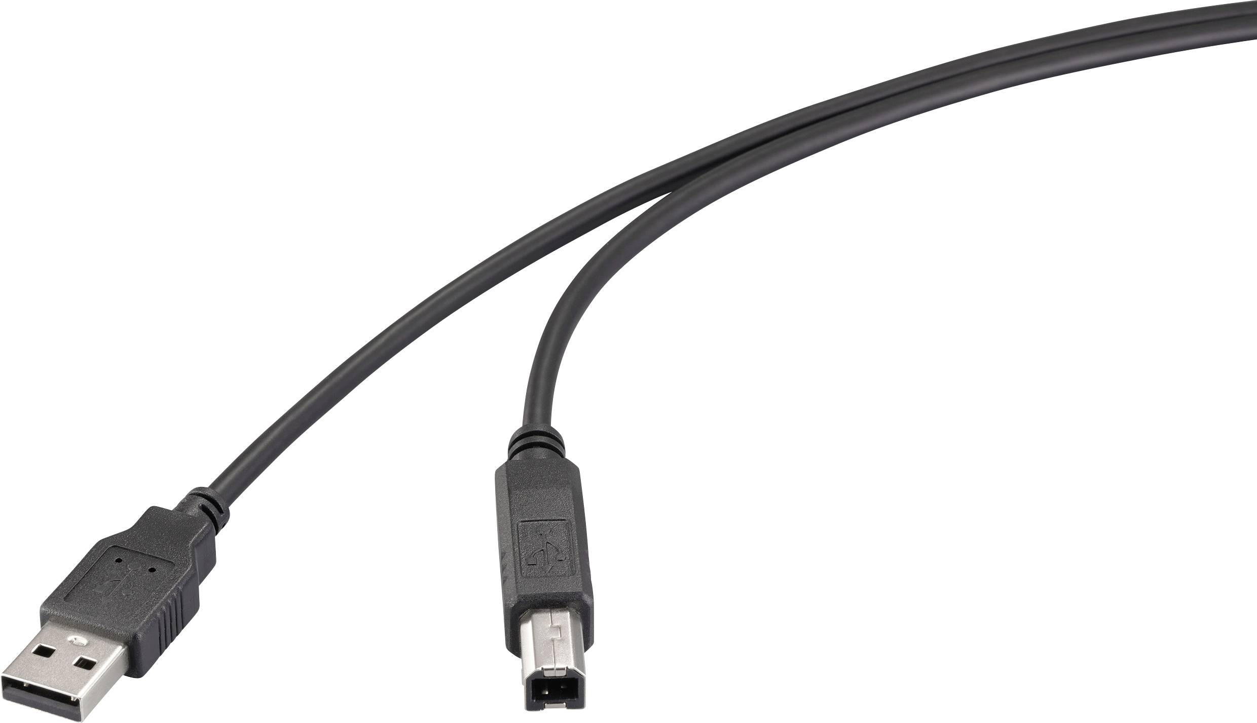 Câble USB noir vers Mini USB avec connecteurs visibles aux deux extrémités, légèrement enroulé.