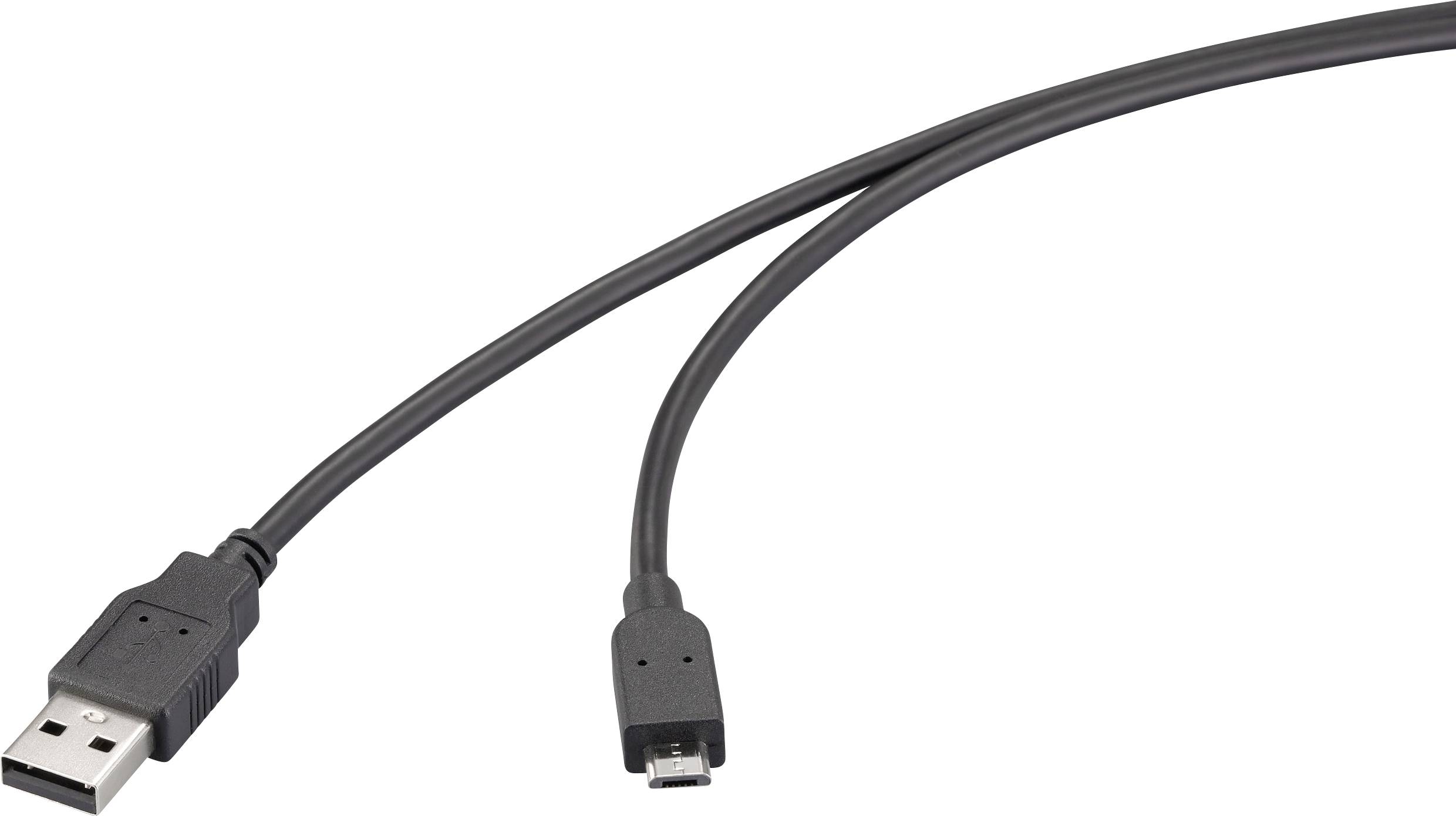 Un câble de charge USB noir avec connecteurs micro USB aux deux extrémités, utilisé pour le transfert de données et la charge d'appareils électroniques.