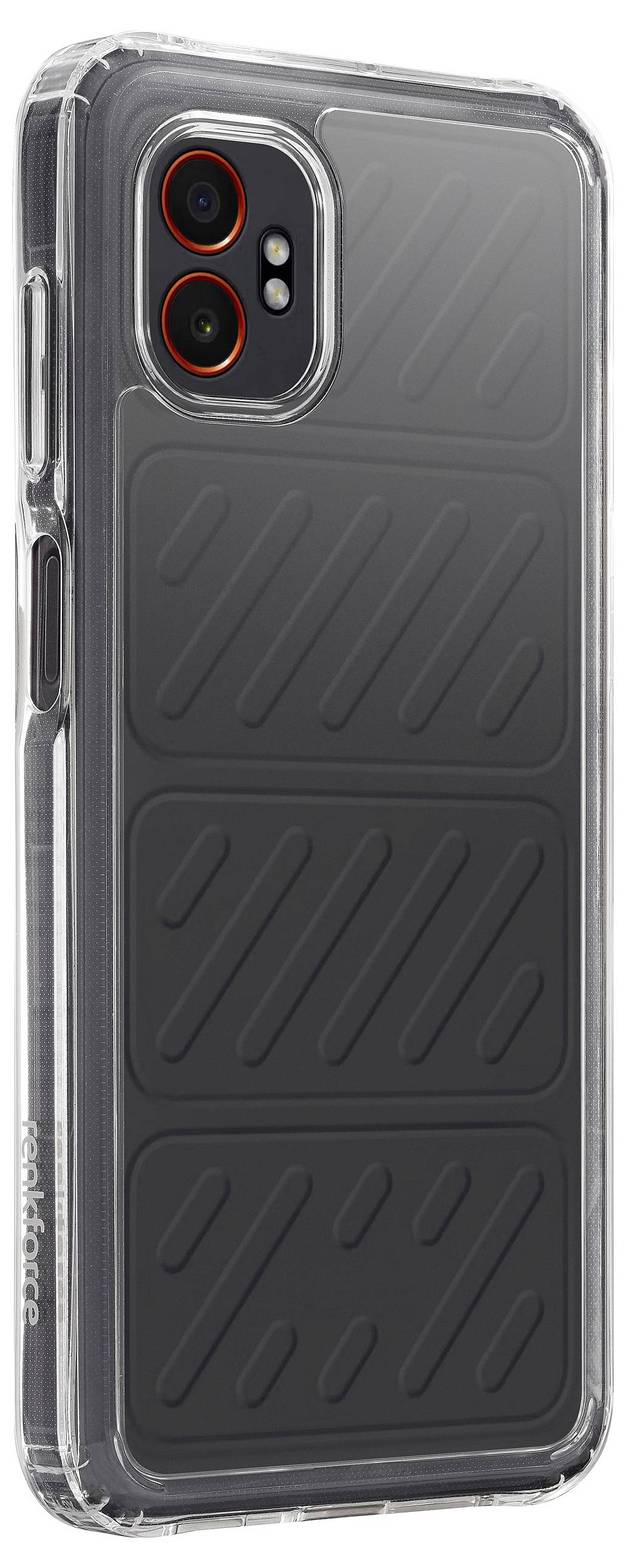 Un étui de téléphone noir et transparent avec une texture de lignes diagonales et deux ouvertures pour appareil photo à l'arrière.