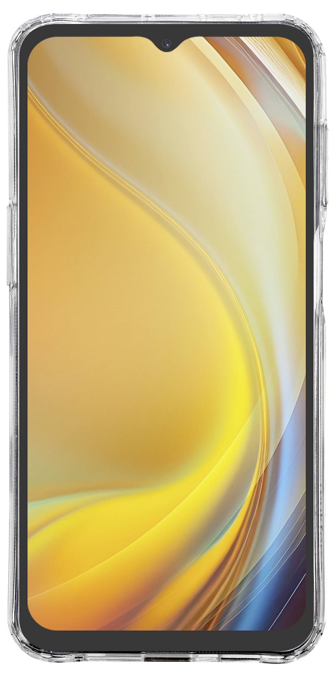 Un smartphone avec un étui de protection transparent, affichant un tourbillon abstrait vibrant en jaune et orange sur l'écran.