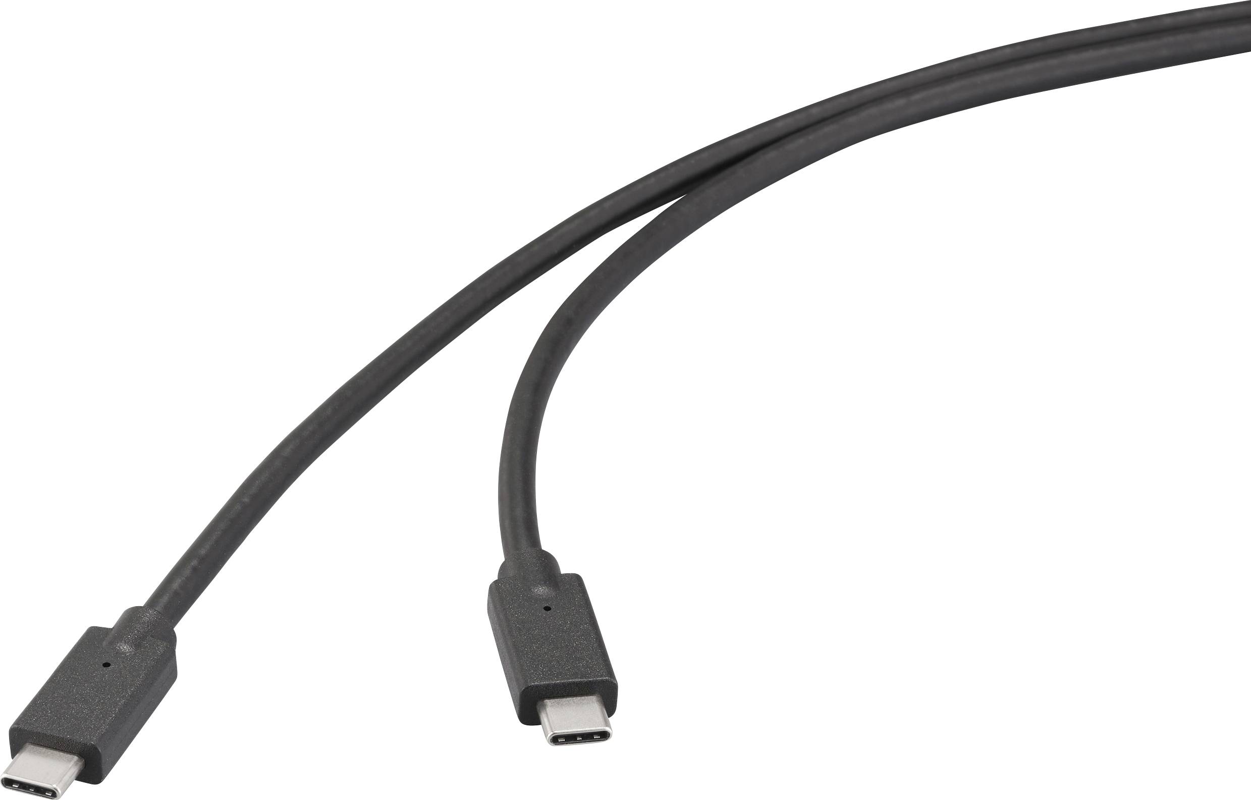 Un câble USB-C noir avec des connecteurs aux deux extrémités, utilisé pour la charge ou le transfert de données.