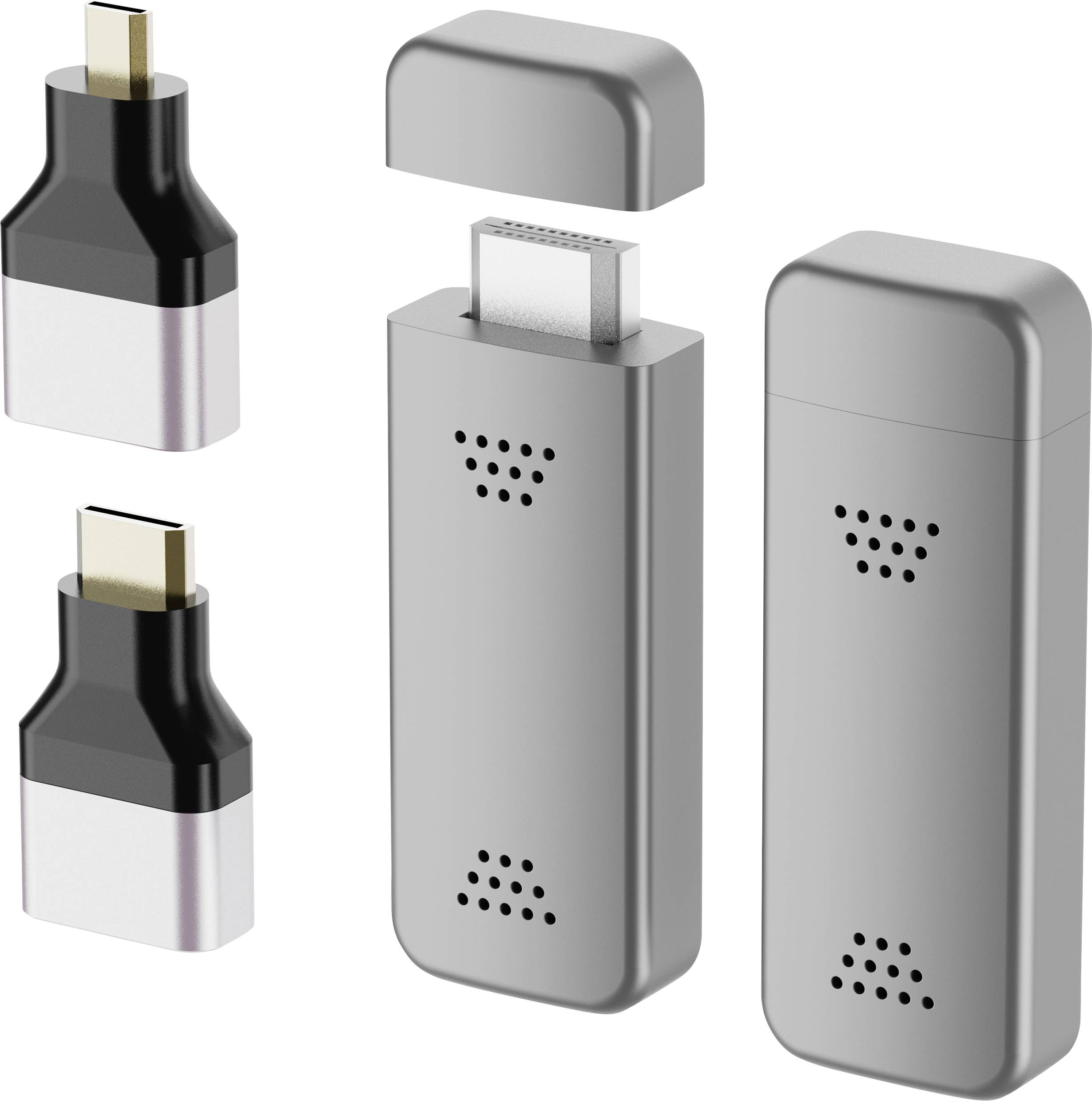 Dongle HDMI sans fil argenté avec connexion USB, capuchon amovible ; deux adapteurs noirs et argentés accompagnés pour différents ports HDMI.